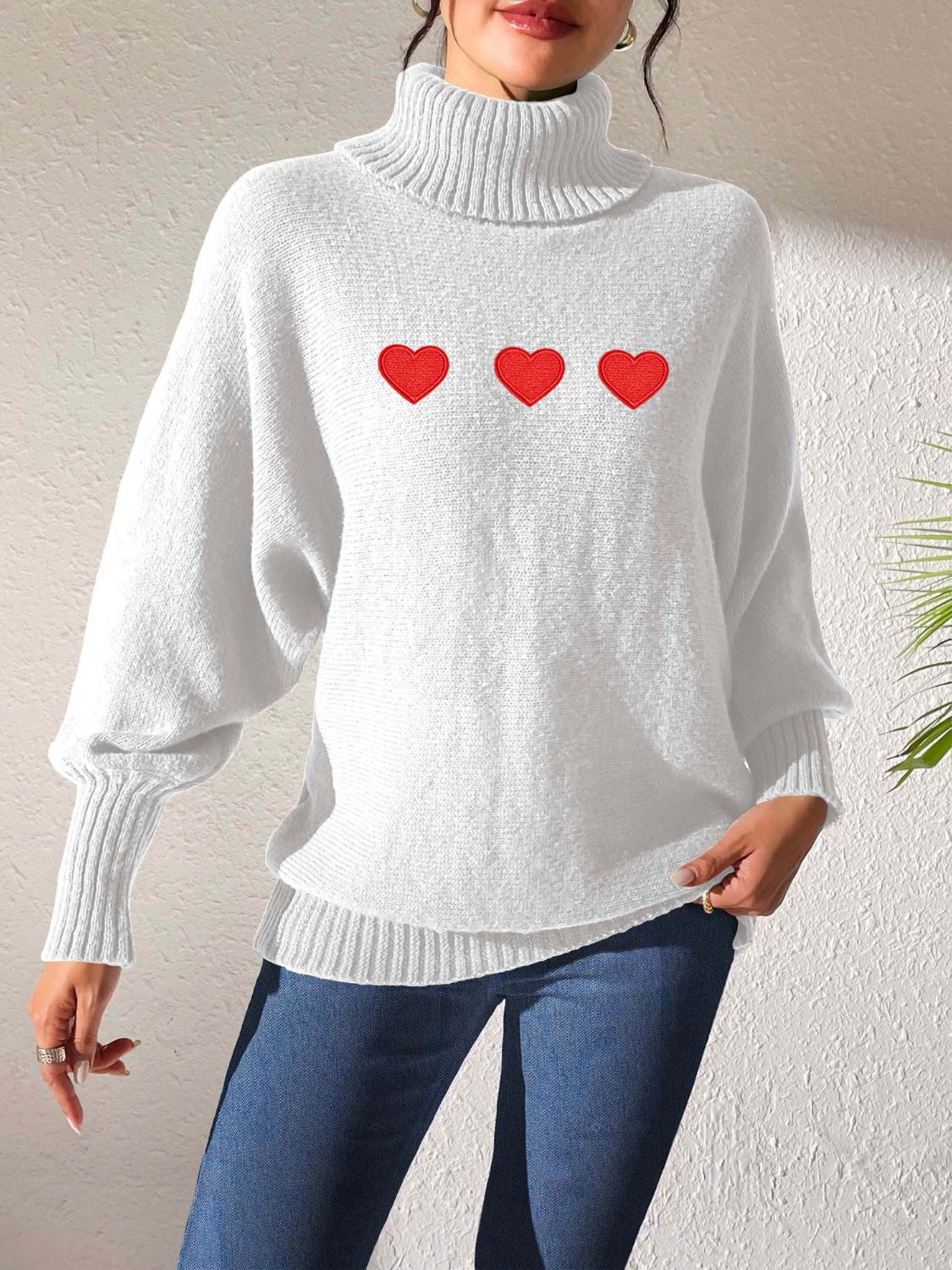 Heart Turtleneck Long Sleeve Sweater-TOPS / DRESSES-[Adult]-[Female]-White-S-2022 Online Blue Zone Planet