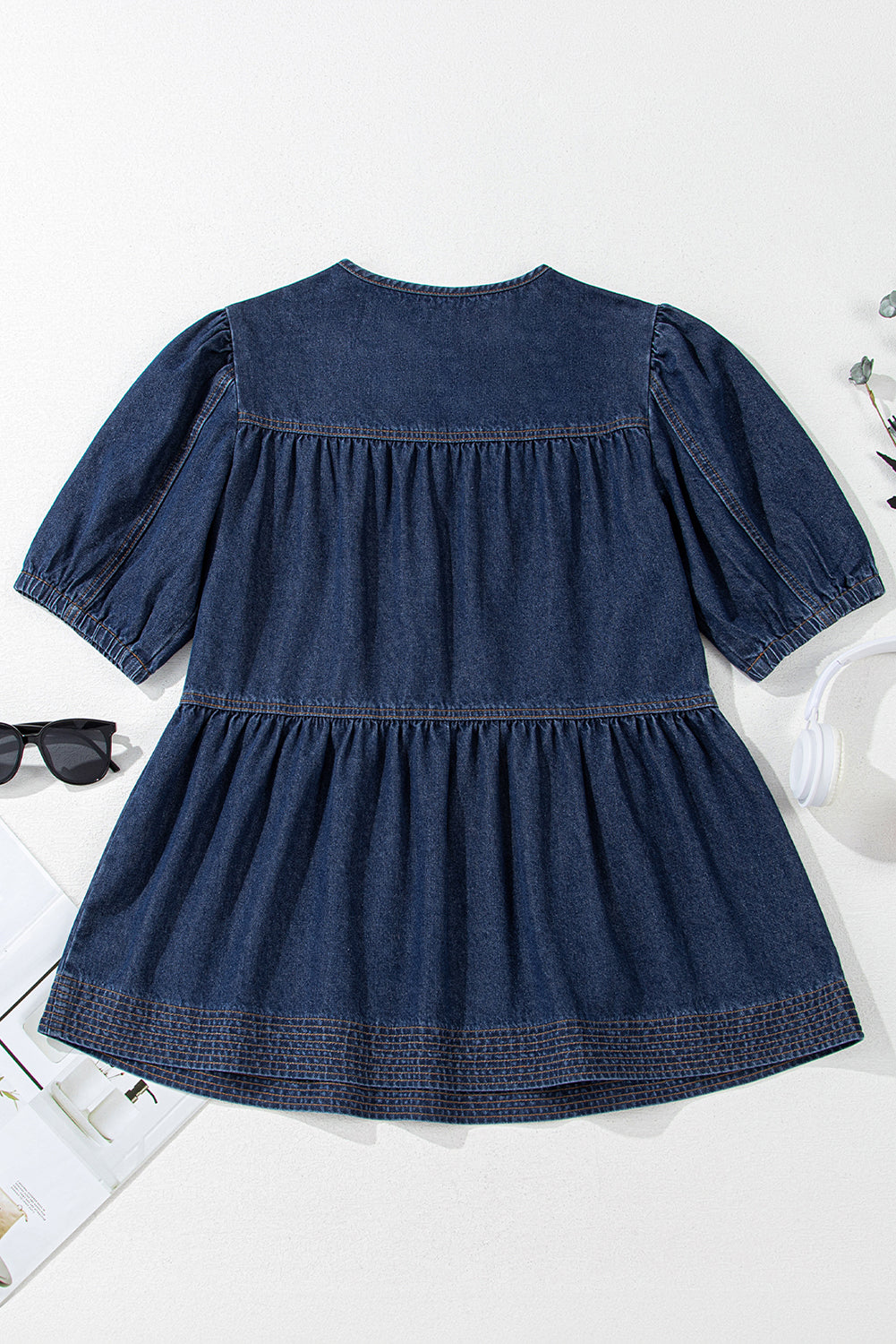 Sail Blue Puff Sleeve Lace-up Neckline Splicing Denim Blouse-Blouses-[Adult]-[Female]-2022 Online Blue Zone Planet