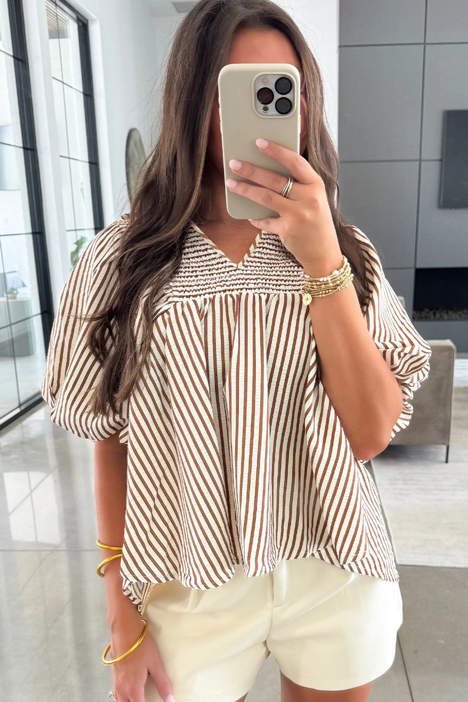 Brown Stripe Shirred V Neck Short Puff Sleeve Blouse-Tops/Blouses & Shirts-[Adult]-[Female]-2022 Online Blue Zone Planet