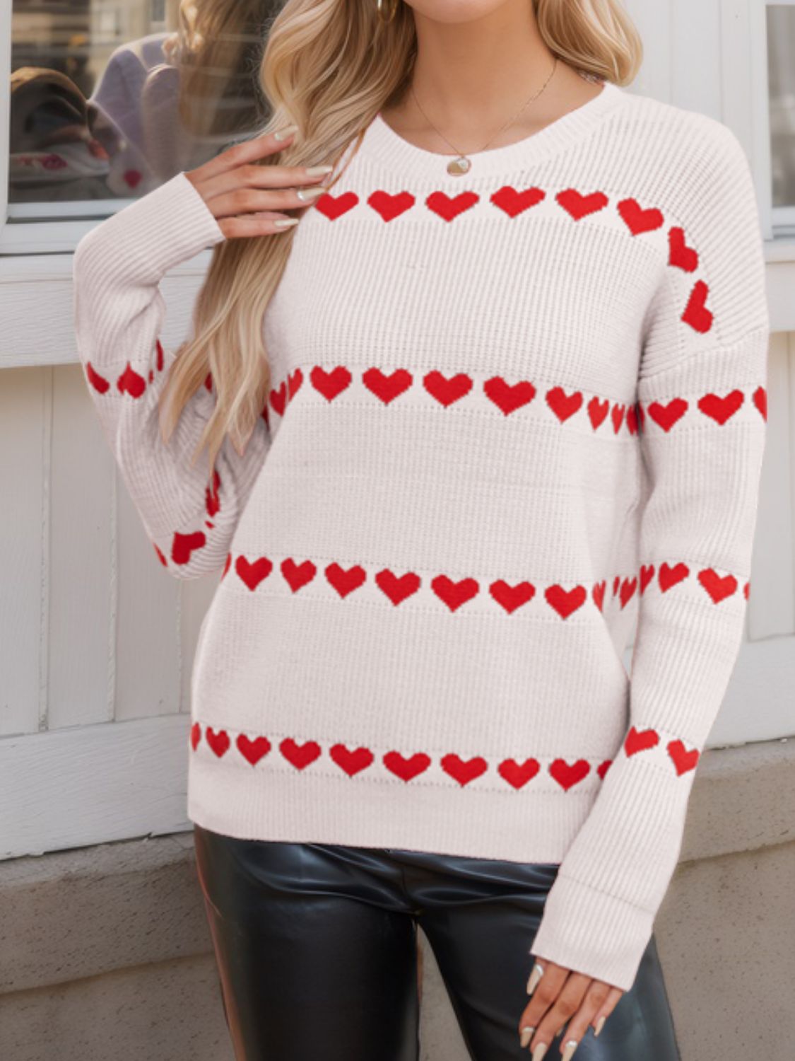 Heart Round Neck Long Sleeve Sweater-TOPS / DRESSES-[Adult]-[Female]-Ivory-S-2022 Online Blue Zone Planet