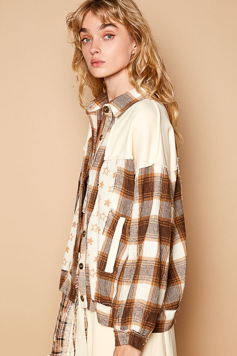 Blue Zone Planet | POL Plaid & Star Patchwork Contrast Long Sleeve Shacket-TOPS / DRESSES-[Adult]-[Female]-2022 Online Blue Zone Planet