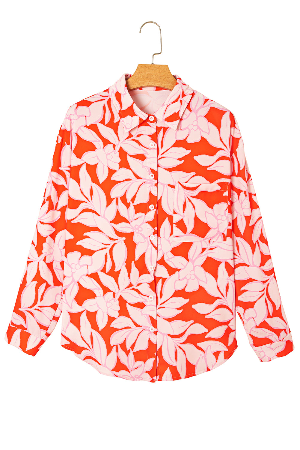 Orange Botanical Print Single Chest Pocket Button Up Shirt-Tops/Blouses & Shirts-[Adult]-[Female]-2022 Online Blue Zone Planet