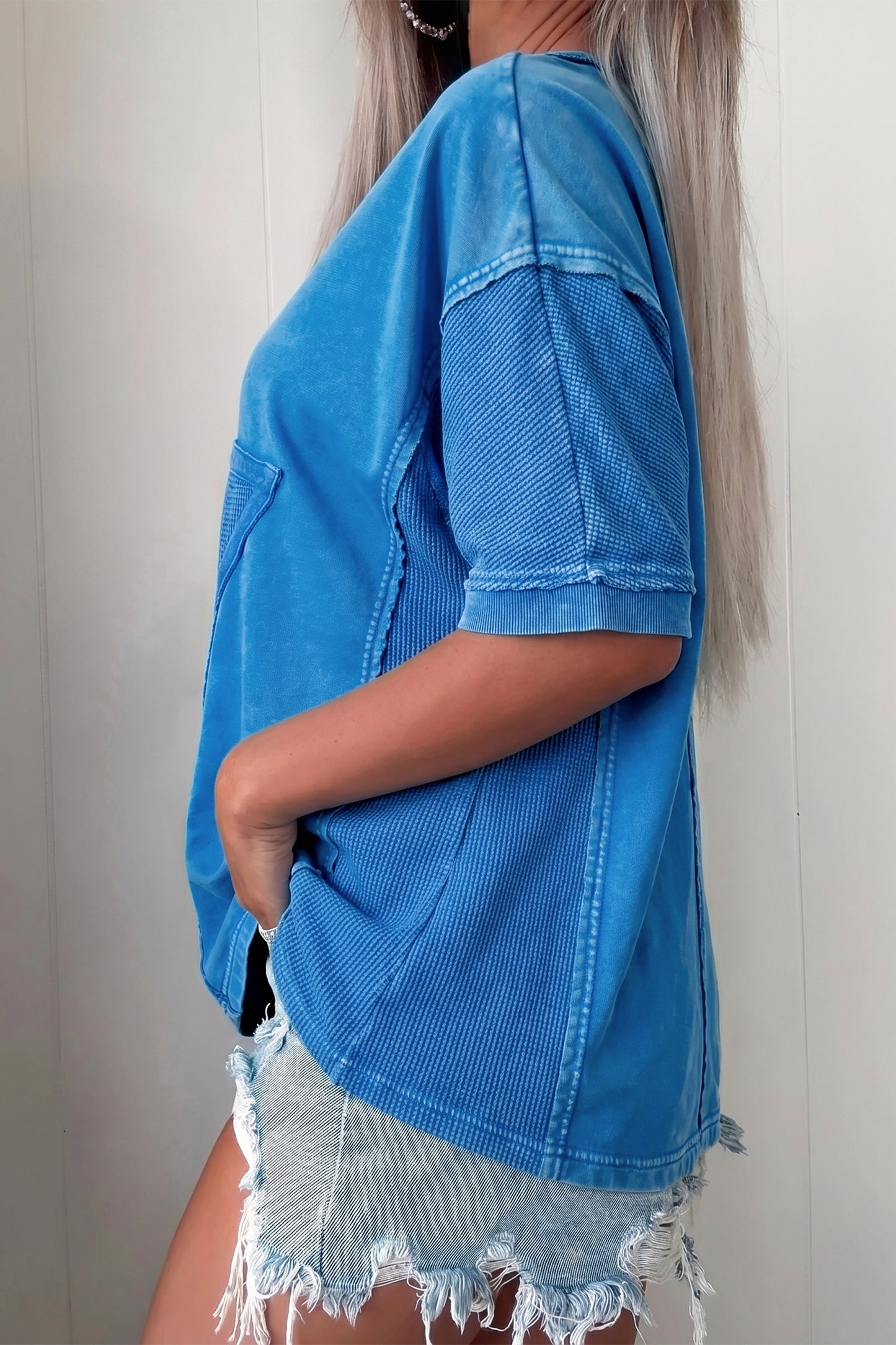 Blue Mineral Wash Star Mesh Patchwork Oversize Tee-Tops/Tops & Tees-[Adult]-[Female]-2022 Online Blue Zone Planet