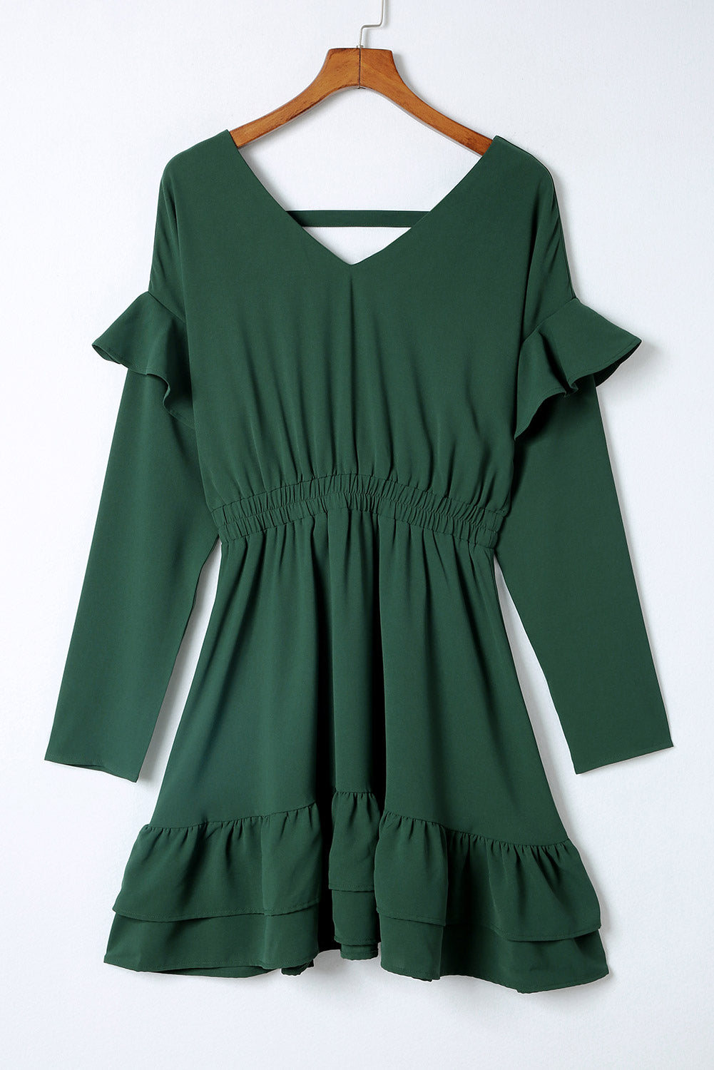 Blue Zone Planet | Green Solid Color Ruffled V Neck High Waist Mini Dress-TOPS / DRESSES-[Adult]-[Female]-2022 Online Blue Zone Planet