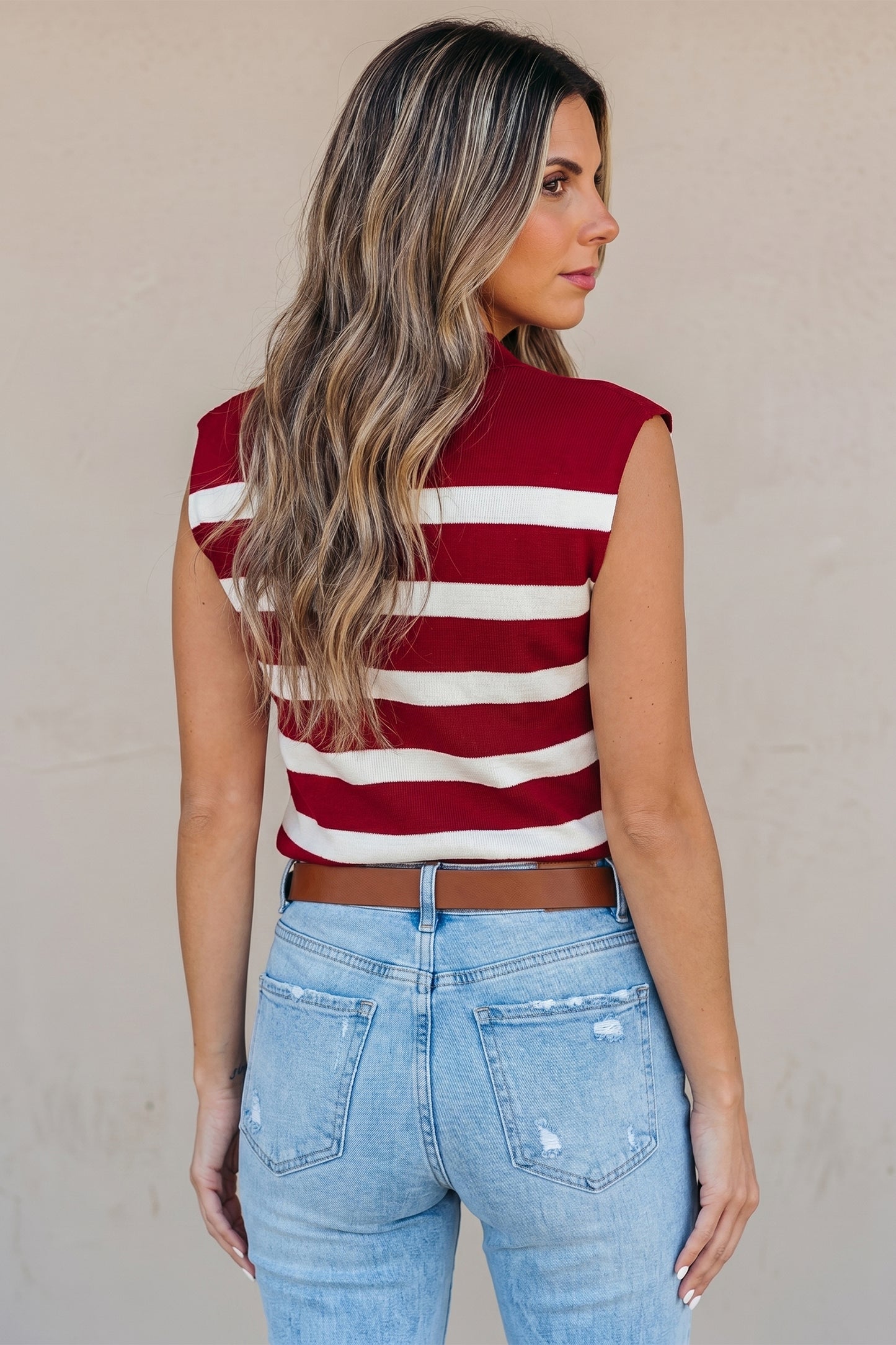 Red Stripe Collared Split Neck Sweater Vest-TOPS / DRESSES-[Adult]-[Female]-2022 Online Blue Zone Planet