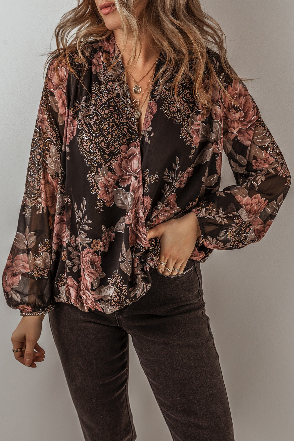 Black Floral Print Criss Cross V Neck Balloon Sleeve Blouse-Tops/Blouses & Shirts-[Adult]-[Female]-2022 Online Blue Zone Planet