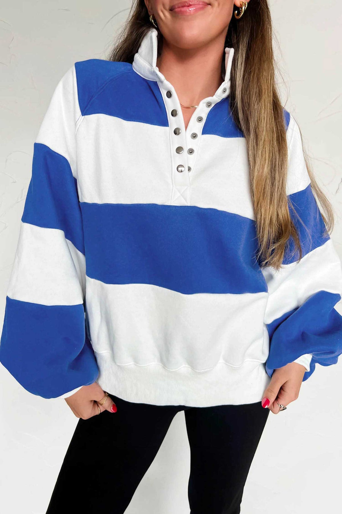 Dark Blue Striped Color Block Button V Neck Puff Sleeve Casual Sweatshirt-Tops/Sweatshirts & Hoodies-[Adult]-[Female]-Dark Blue-S-2022 Online Blue Zone Planet