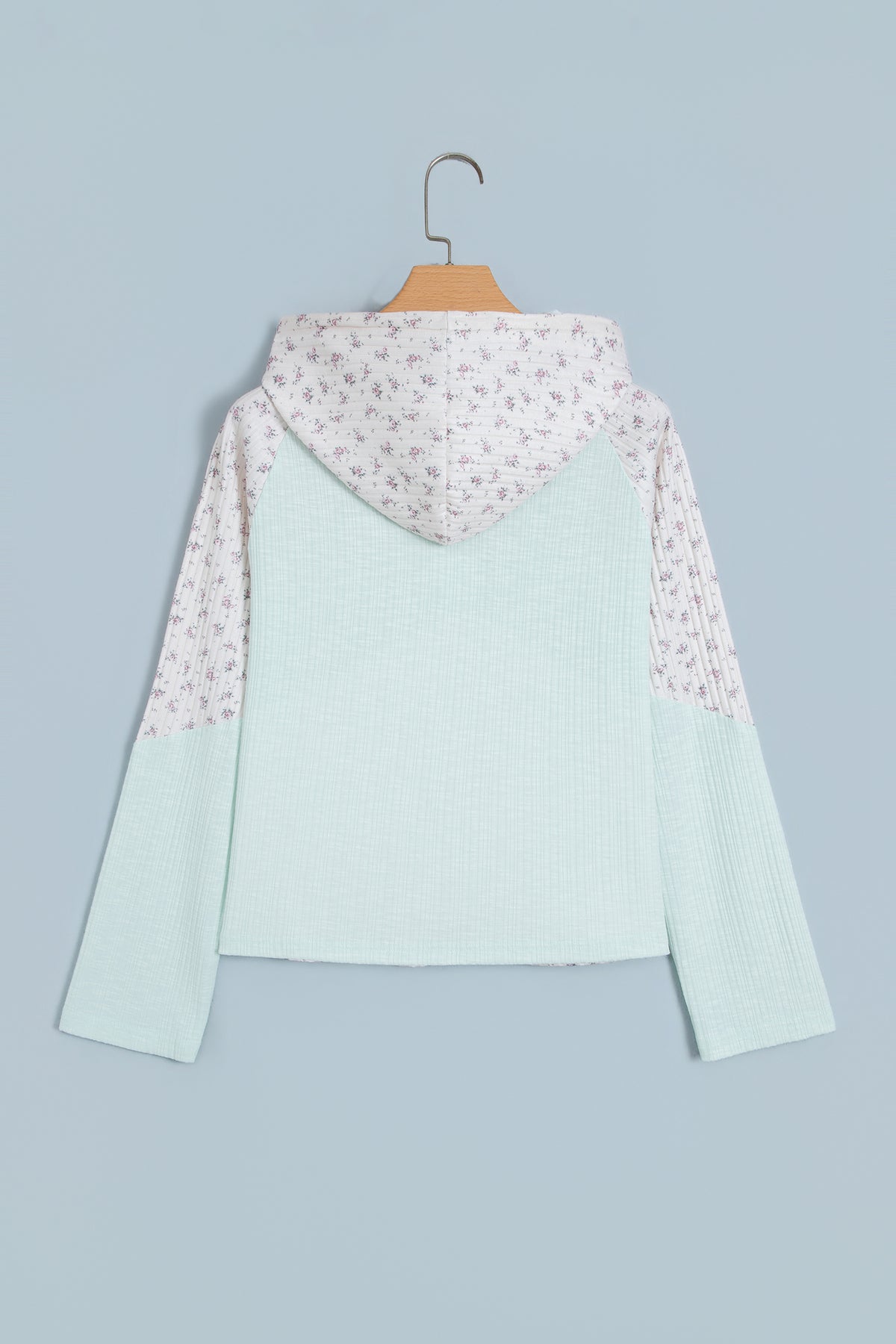 Clearly Aqua Textured Floral Patchwork Button Hooded Long Sleeve Top-Tops / Dresses-[Adult]-[Female]-2022 Online Blue Zone Planet