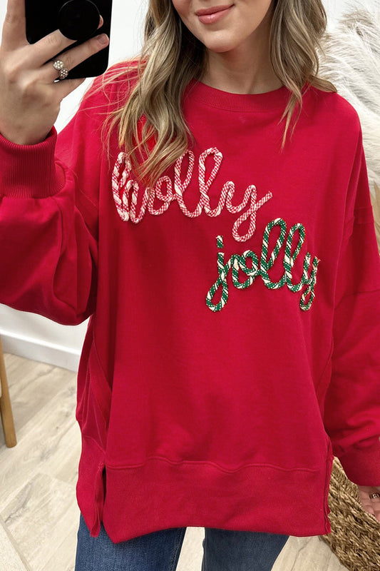 Racing Red Holly Jolly Embroidered Graphic Baggy Sweatshirt-Tops/Sweatshirts & Hoodies-[Adult]-[Female]-2022 Online Blue Zone Planet