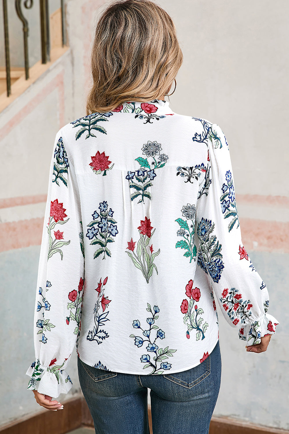 White Floral Print Frilled Collar V Neck Button Down Long Sleeve Shirt-Tops/Blouses & Shirts-[Adult]-[Female]-2022 Online Blue Zone Planet