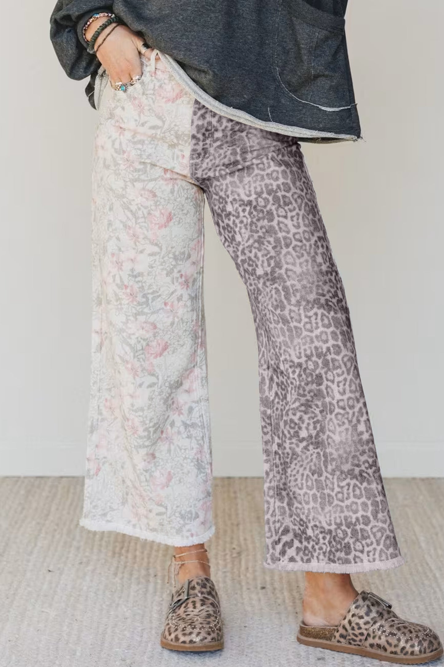 Multicolour Retro Floral Leopard Contrast Patchwork Raw Hem Jeans-Bottoms/Jeans-[Adult]-[Female]-2022 Online Blue Zone Planet