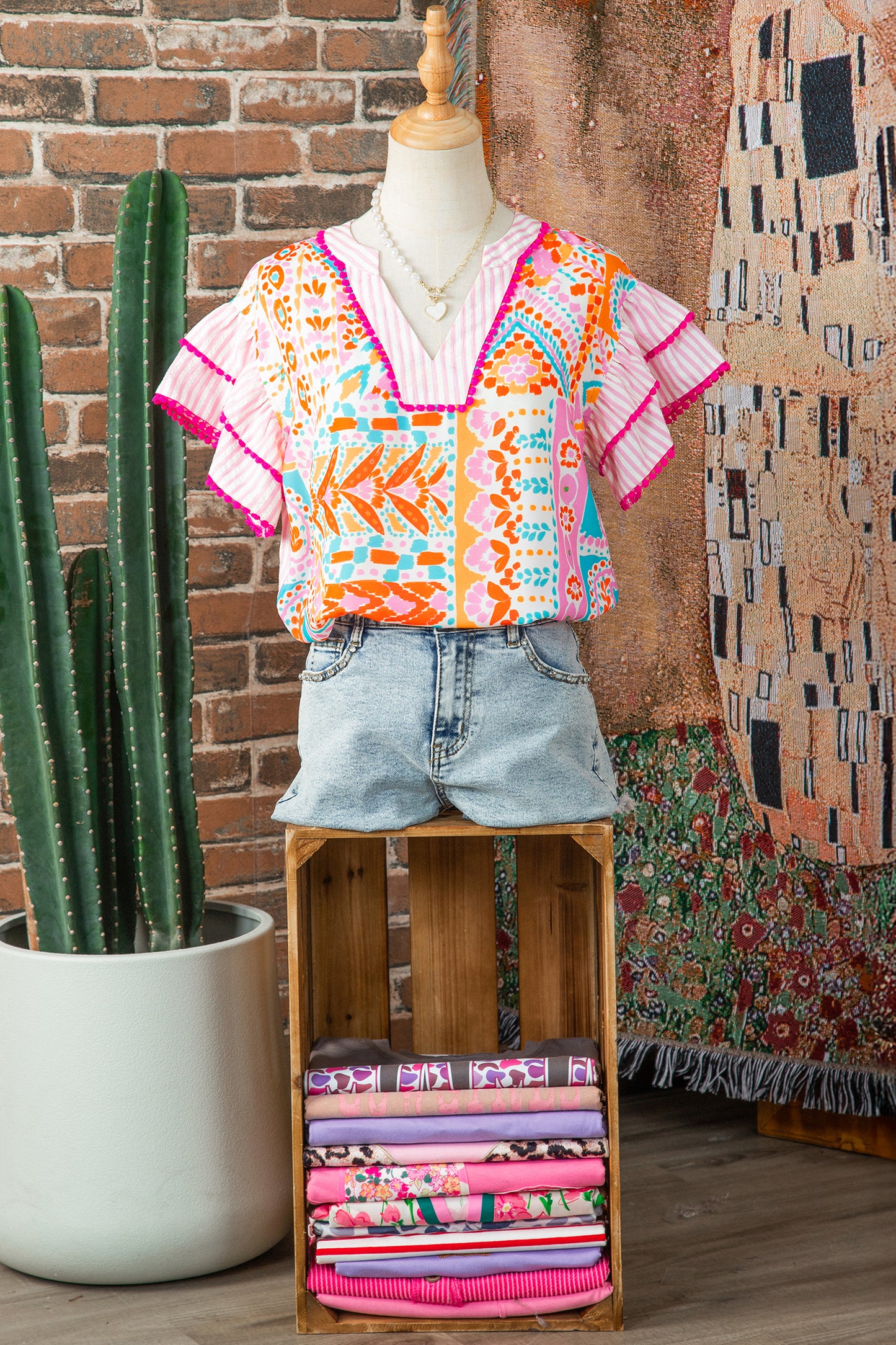 Rose Boho Mixed Print Contrast Trim Striped Patchwork Tiered Short Sleeve Blouse-Tops/Blouses & Shirts-[Adult]-[Female]-2022 Online Blue Zone Planet