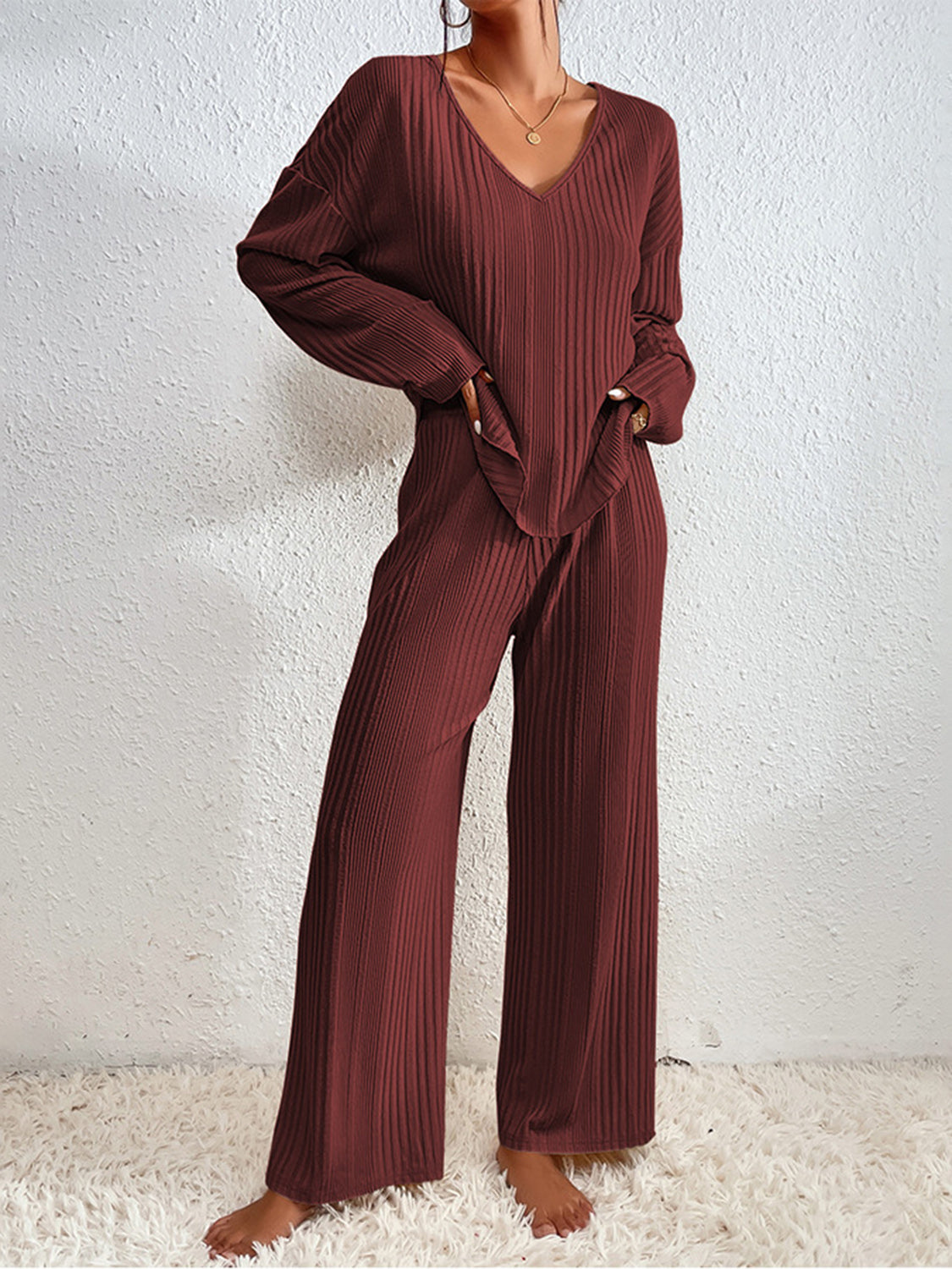 V-Neck Long Sleeve Top and Pants Set-TOPS / DRESSES-[Adult]-[Female]-Burgundy-S-2022 Online Blue Zone Planet