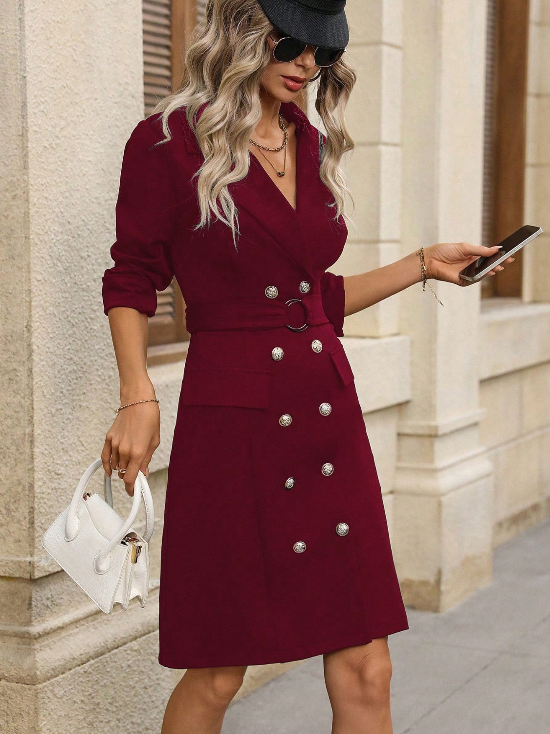 Double-Breasted Lapel Collar Long Sleeve Dress-TOPS / DRESSES-[Adult]-[Female]-Burgundy-S-2022 Online Blue Zone Planet