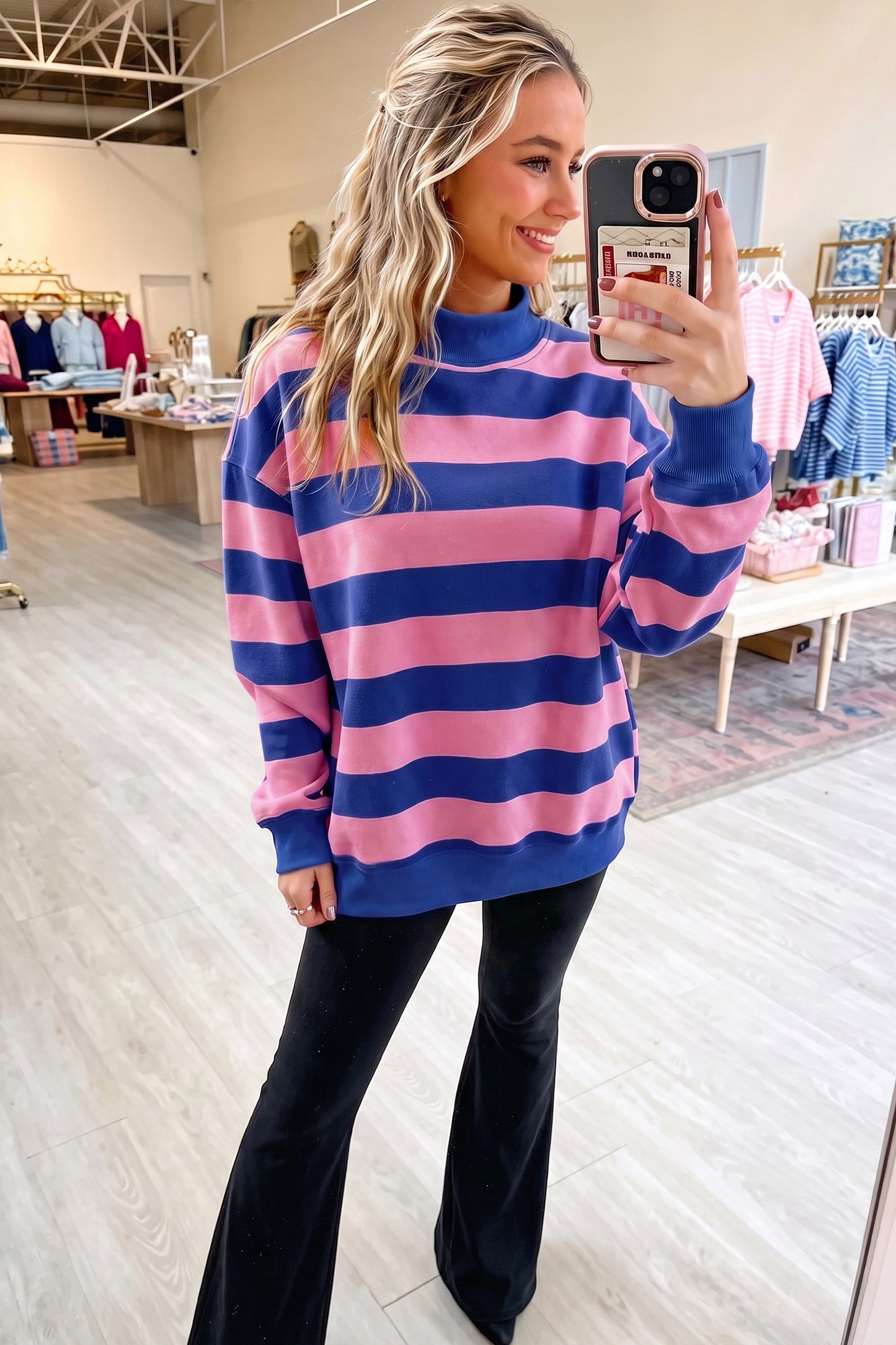 Rose Stripe Colorblock Mock Neck Relaxed Sweatshirt