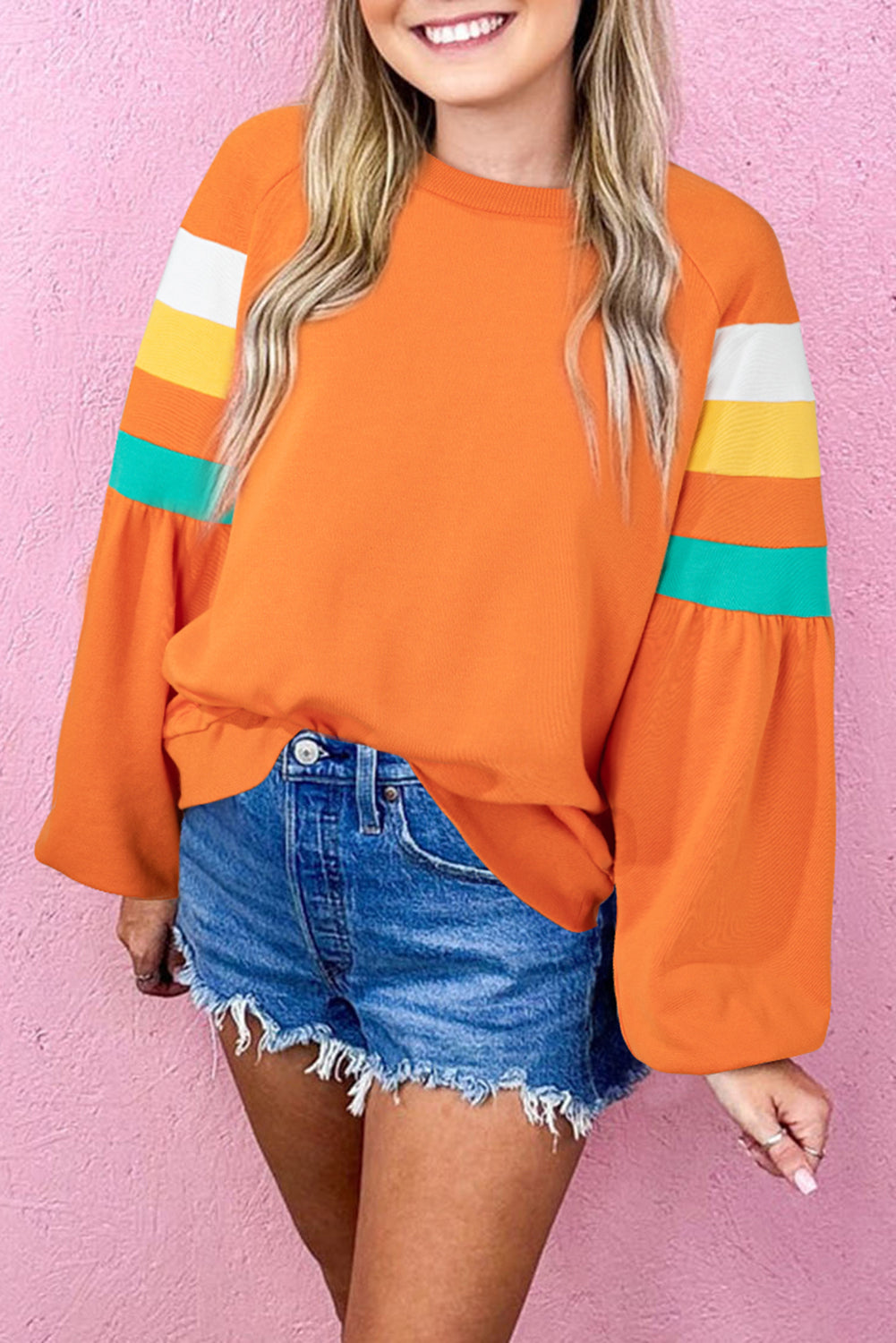 Flamingo Color Block Sleeve Exposed Seam Raglan Sweatshirt-Tops/Sweatshirts & Hoodies-[Adult]-[Female]-Flamingo-S-2022 Online Blue Zone Planet