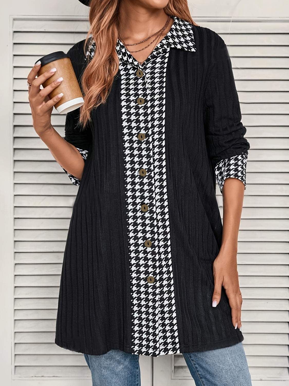 Houndstooth Button Up Long Sleeve Cardigan-TOPS / DRESSES-[Adult]-[Female]-2022 Online Blue Zone Planet