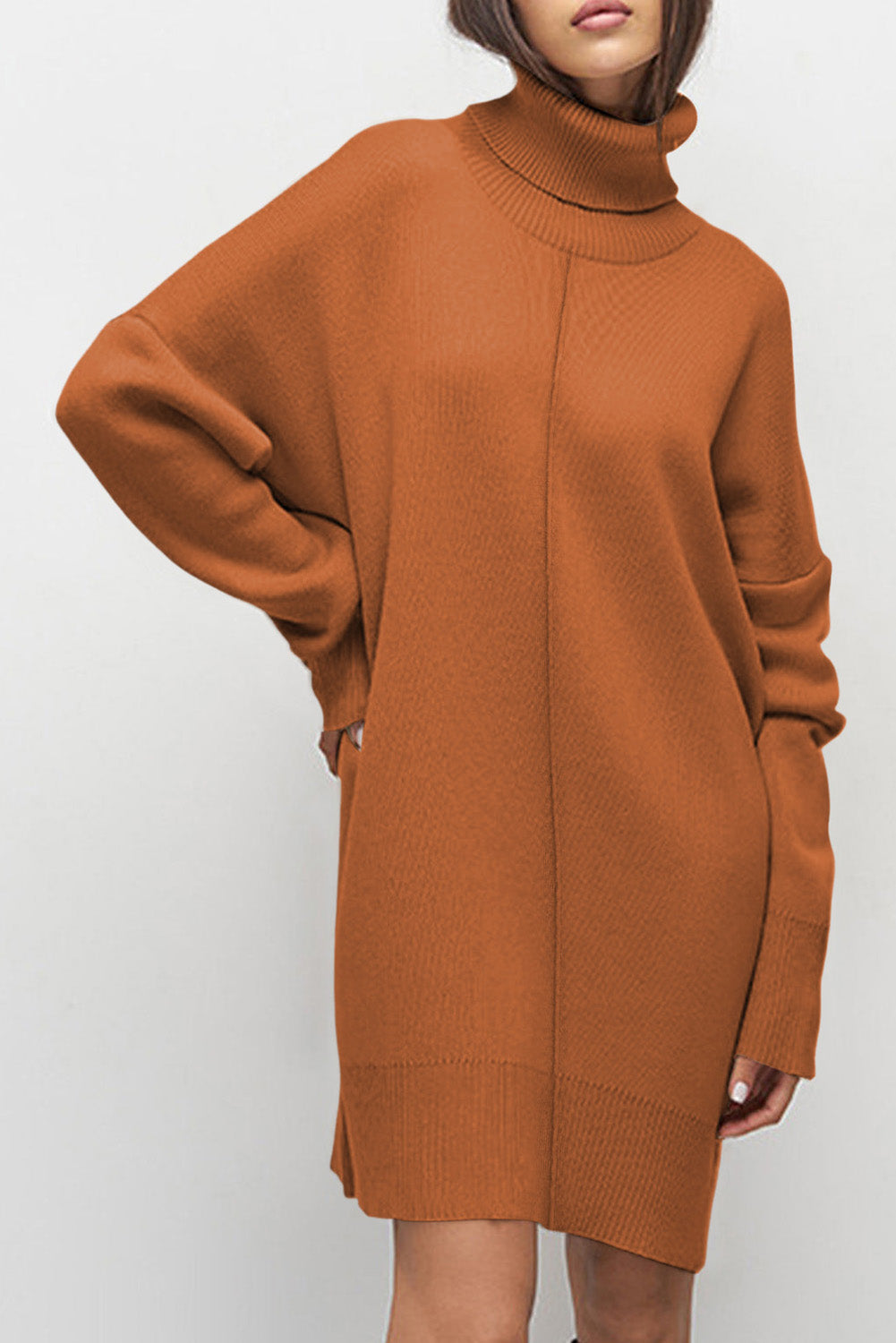 Black Solid Color Turtleneck Drop Shoulder Loose Sweater Dress-TOPS / DRESSES-[Adult]-[Female]-Gold Flame-S-2022 Online Blue Zone Planet