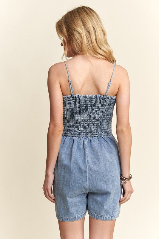 ADORA Smocked Spaghetti Strap Denim Romper-TOPS / DRESSES-[Adult]-[Female]-2022 Online Blue Zone Planet