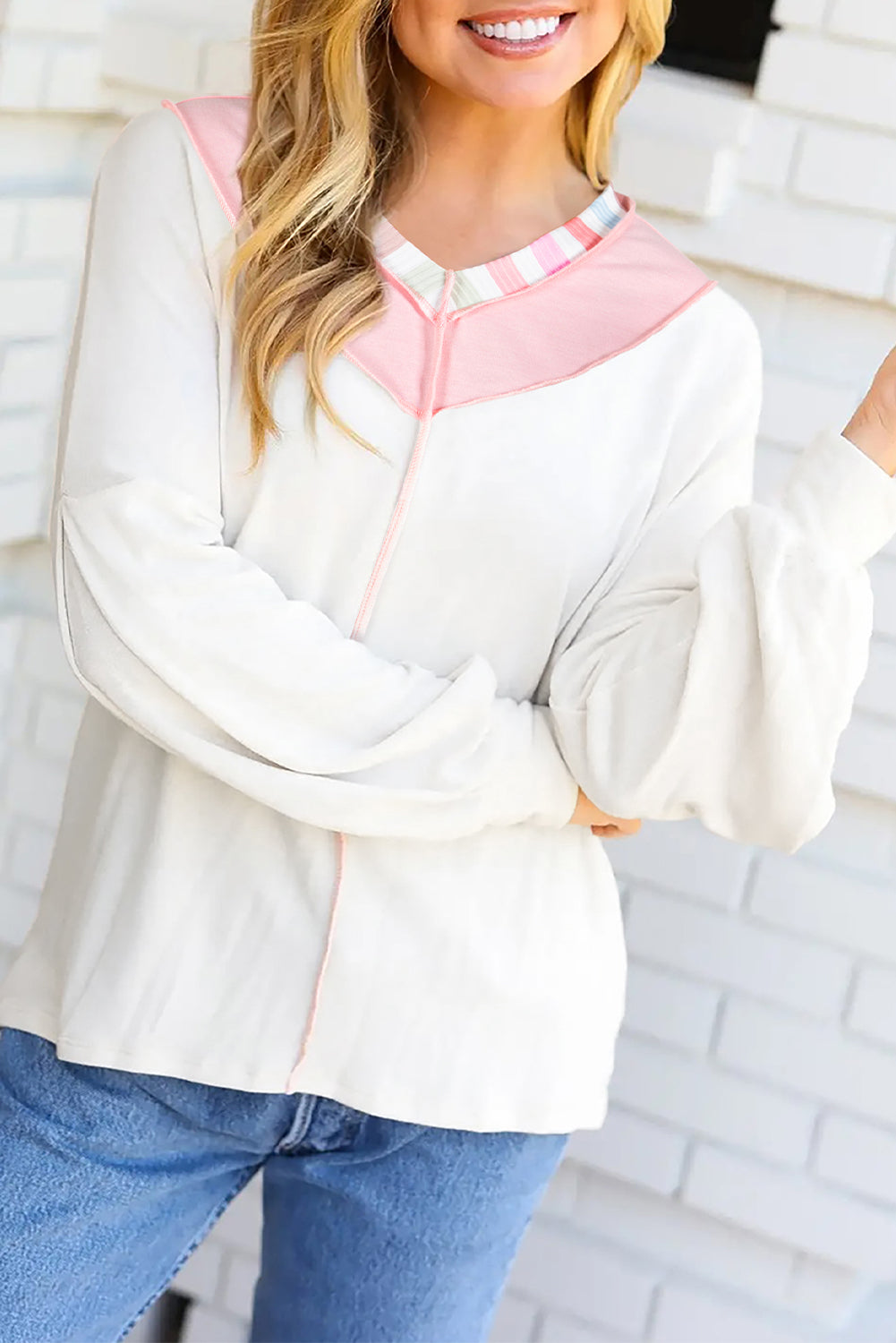 White Exposed Seam Rainbow Stripe Color Block V Neck Loose Long Sleeve Top-Tops/Long Sleeve Tops-[Adult]-[Female]-White-S-2022 Online Blue Zone Planet
