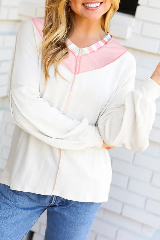 White Exposed Seam Rainbow Stripe Color Block V Neck Loose Long Sleeve Top-Tops/Long Sleeve Tops-[Adult]-[Female]-White-S-2022 Online Blue Zone Planet