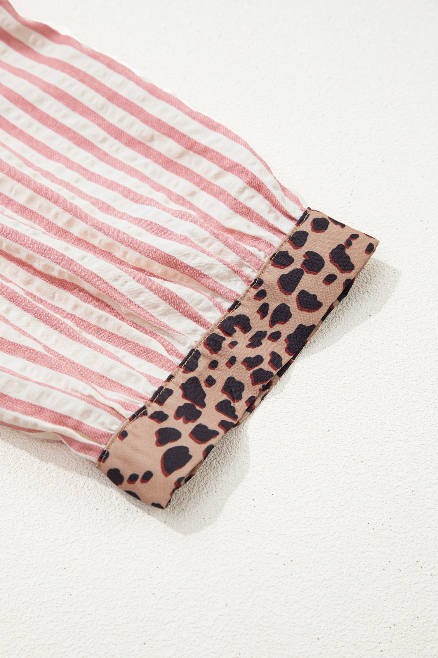 Pink Stripe Square Button Leopard Trim Loose Bracelet Sleeve Shirt Dress-Bracelet-[Adult]-[Female]-2022 Online Blue Zone Planet