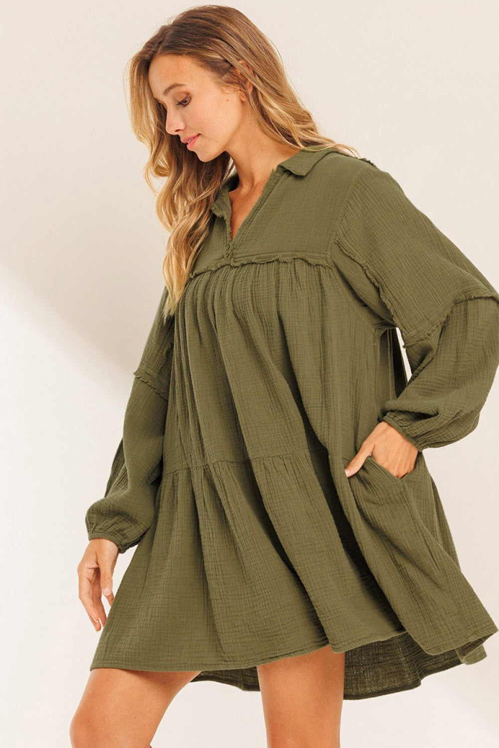 Blue Zone Planet | Green Frayed Trim Split Neck Puff Sleeve Flared Dress-TOPS / DRESSES-[Adult]-[Female]-2022 Online Blue Zone Planet