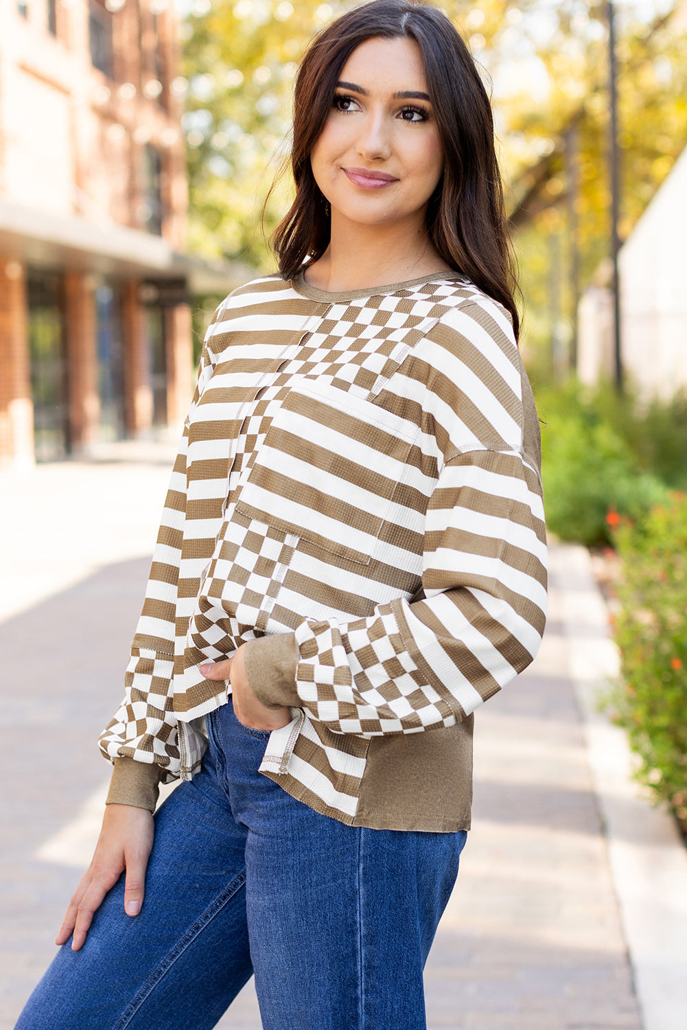 Dark Grey Checkerboard Striped Patchwork Lantern Sleeve Pocketed Blouse-Tops/Long Sleeve Tops-[Adult]-[Female]-2022 Online Blue Zone Planet