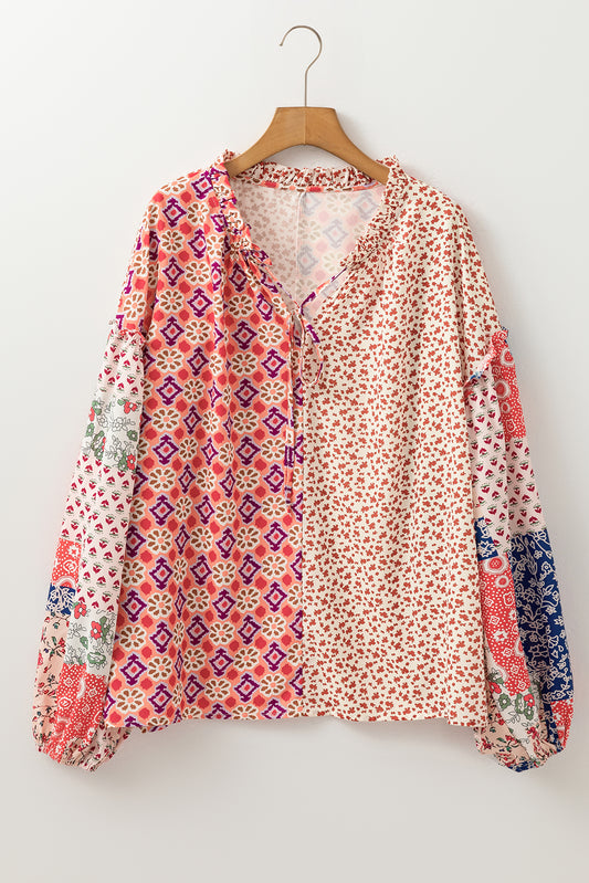 Blue Zone Planet | Orange Floral Geometric Patchwork Lace-up Crewneck Plus Size Blouse-Plus Size/Plus Size Tops/Plus Size Blouses & Shirts-[Adult]-[Female]-2022 Online Blue Zone Planet