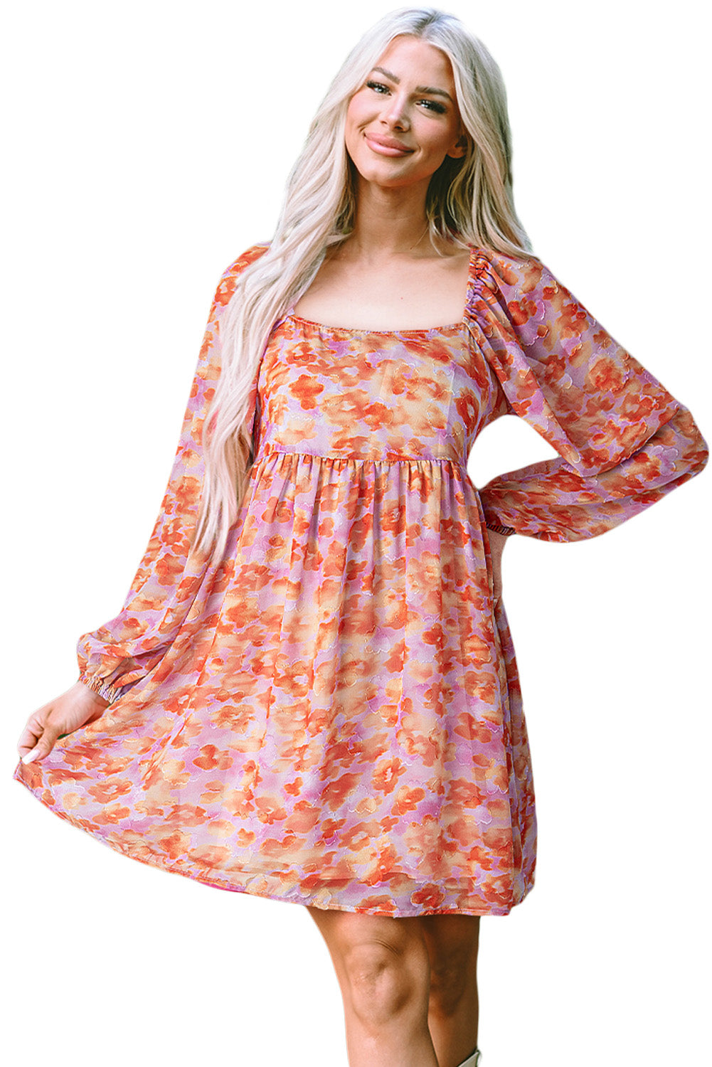 Blue Zone Planet | Rose Floral Print Square Neck High Waist Mini Dress-TOPS / DRESSES-[Adult]-[Female]-2022 Online Blue Zone Planet