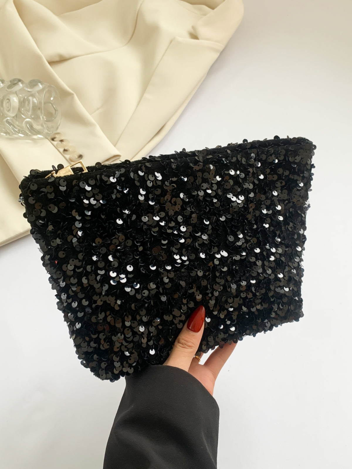 Sequin Clutch with Zipper-HANDBAGS-[Adult]-[Female]-2022 Online Blue Zone Planet