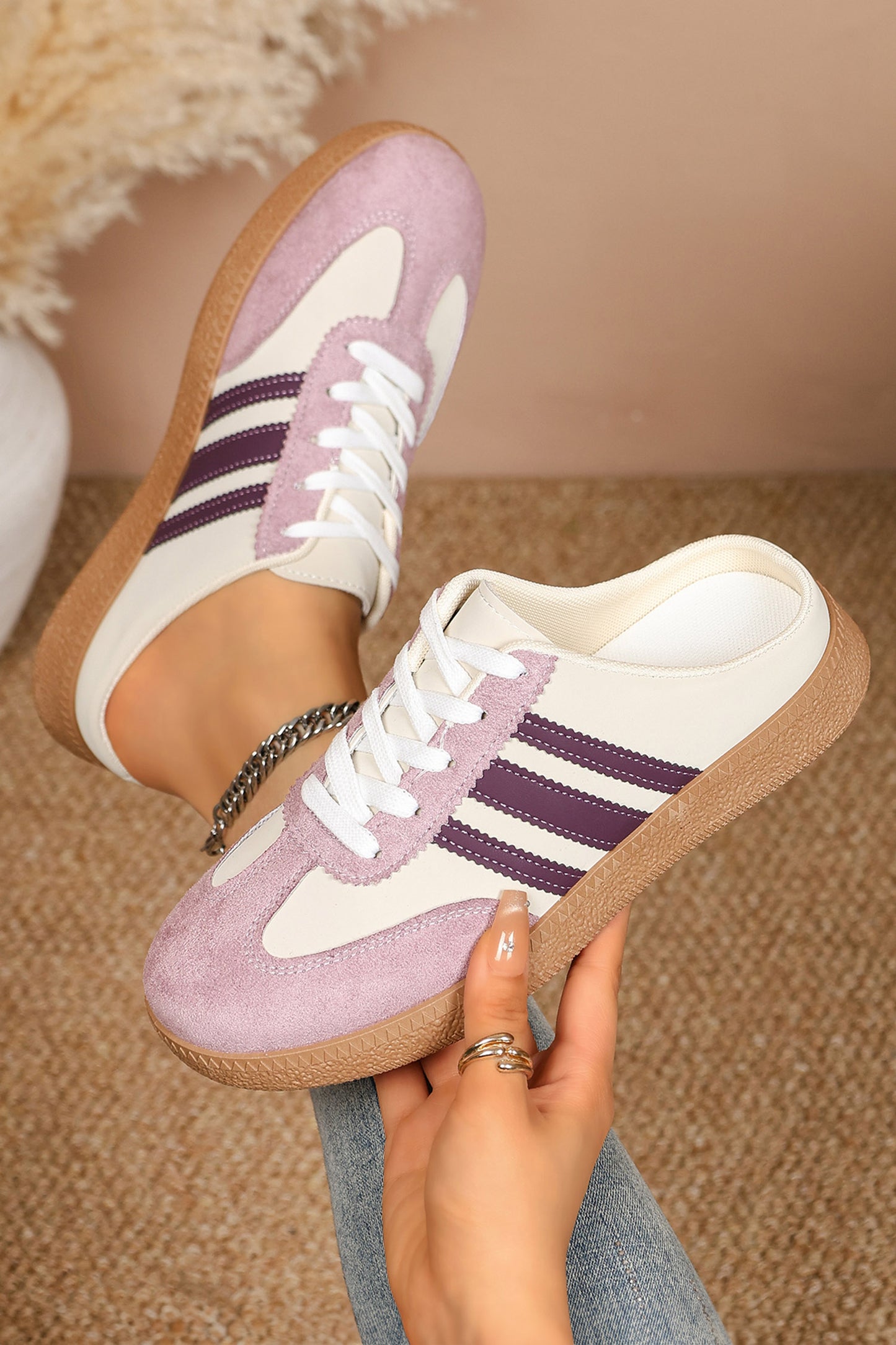 Tillandsia Purple PU Leather Color Block Varsity Lace Up Flat Shoes
