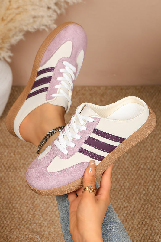 Tillandsia Purple PU Leather Color Block Varsity Lace Up Flat Shoes-Shoes & Bags/Slippers-[Adult]-[Female]-Tillandsia Purple-37-2022 Online Blue Zone Planet