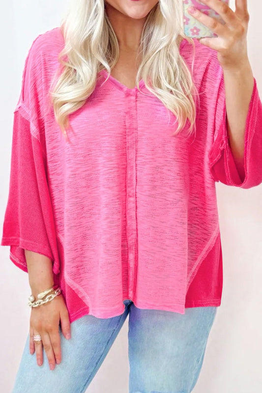 Exposed Seam V-Neck Three-Quarter Sleeve Blouse-TOPS / DRESSES-[Adult]-[Female]-Hot Pink-S-2022 Online Blue Zone Planet