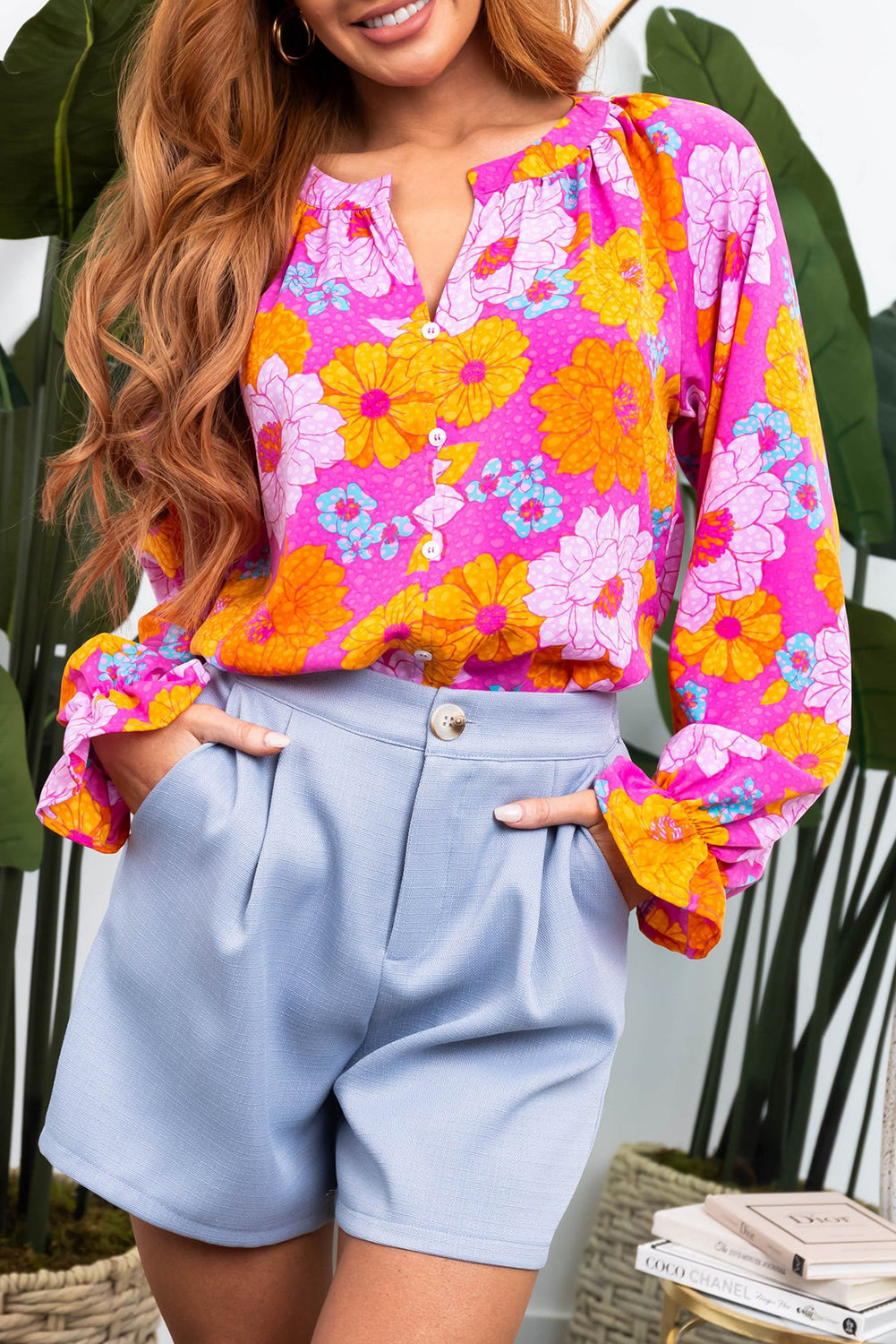 Rose Floral Print Flounce Sleeve Notched Neck Blouse-Tops/Blouses & Shirts-[Adult]-[Female]-Rose-S-2022 Online Blue Zone Planet