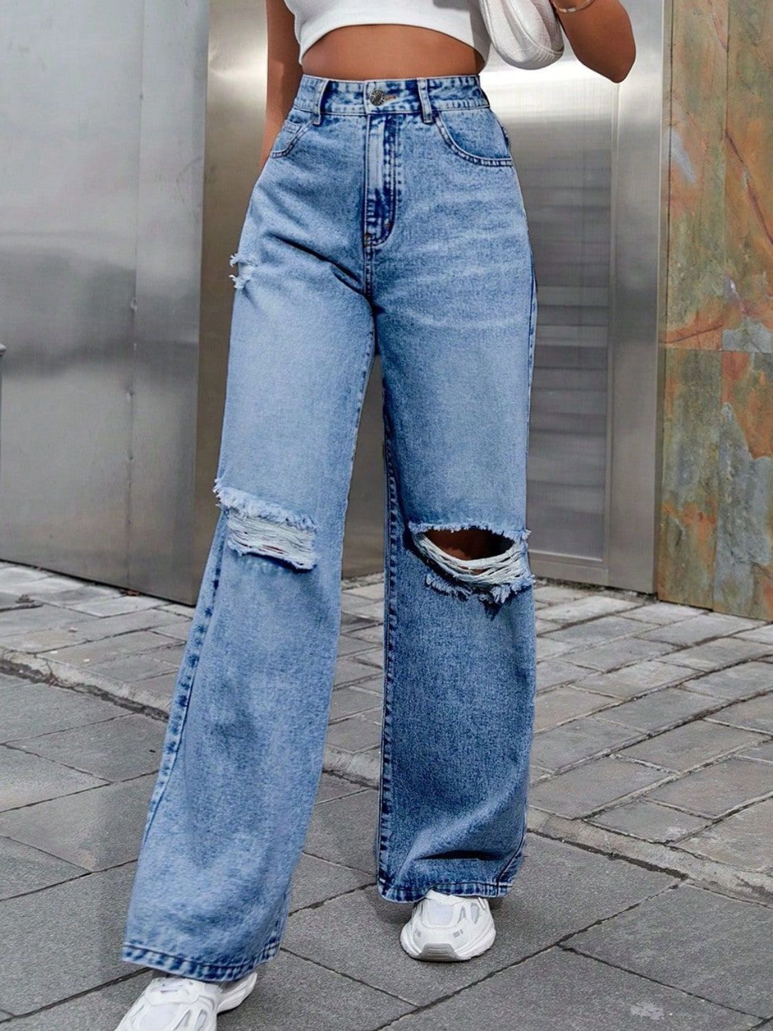 Blue Zone Planet | Distressed Wide Leg Jeans with Pockets-BOTTOM SIZES SMALL MEDIUM LARGE-[Adult]-[Female]-2022 Online Blue Zone Planet