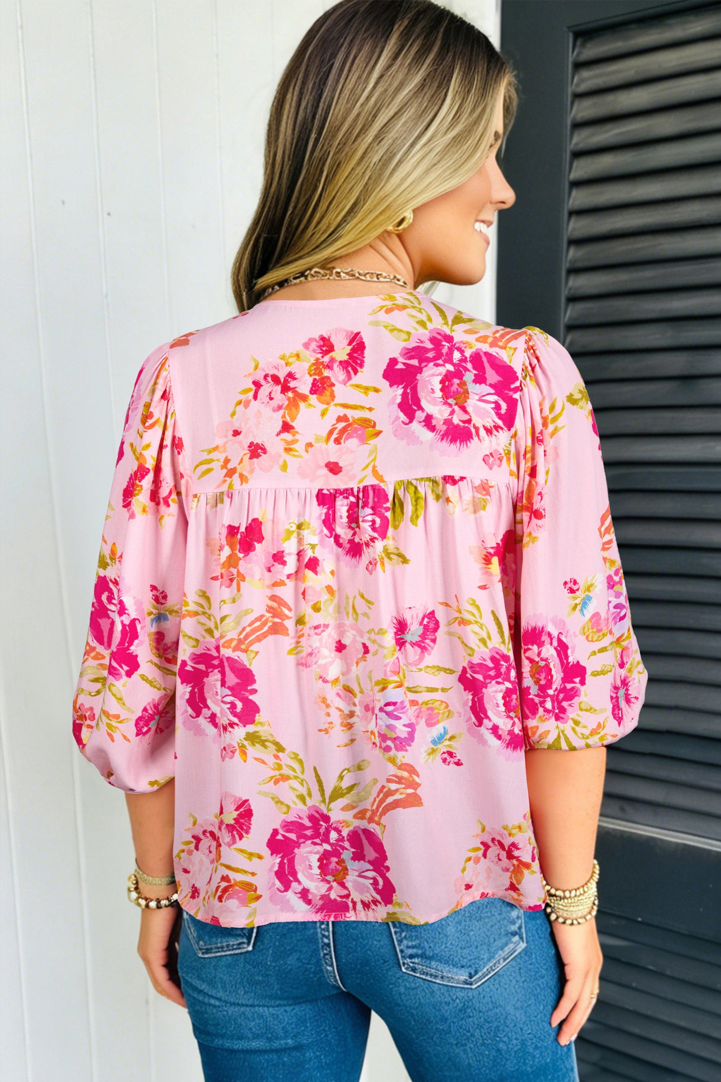 Pink Floral Print Tie Neck Puffy Half Sleeve Blouse-Tops/Blouses & Shirts-[Adult]-[Female]-2022 Online Blue Zone Planet