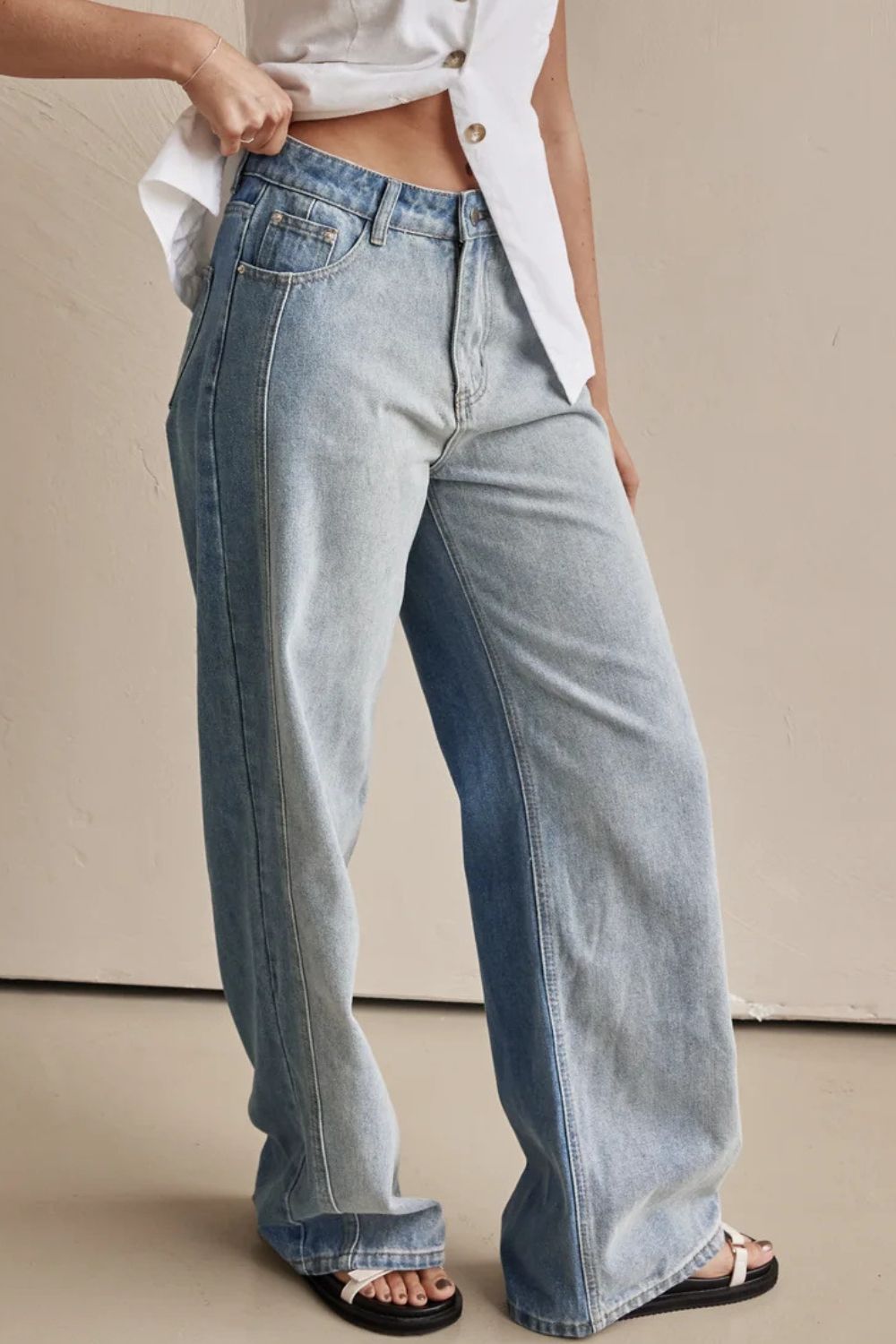 Contrast Straight Leg Jeans with Pockets-BOTTOMS SIZES SMALL MEDIUM LARGE-[Adult]-[Female]-2022 Online Blue Zone Planet