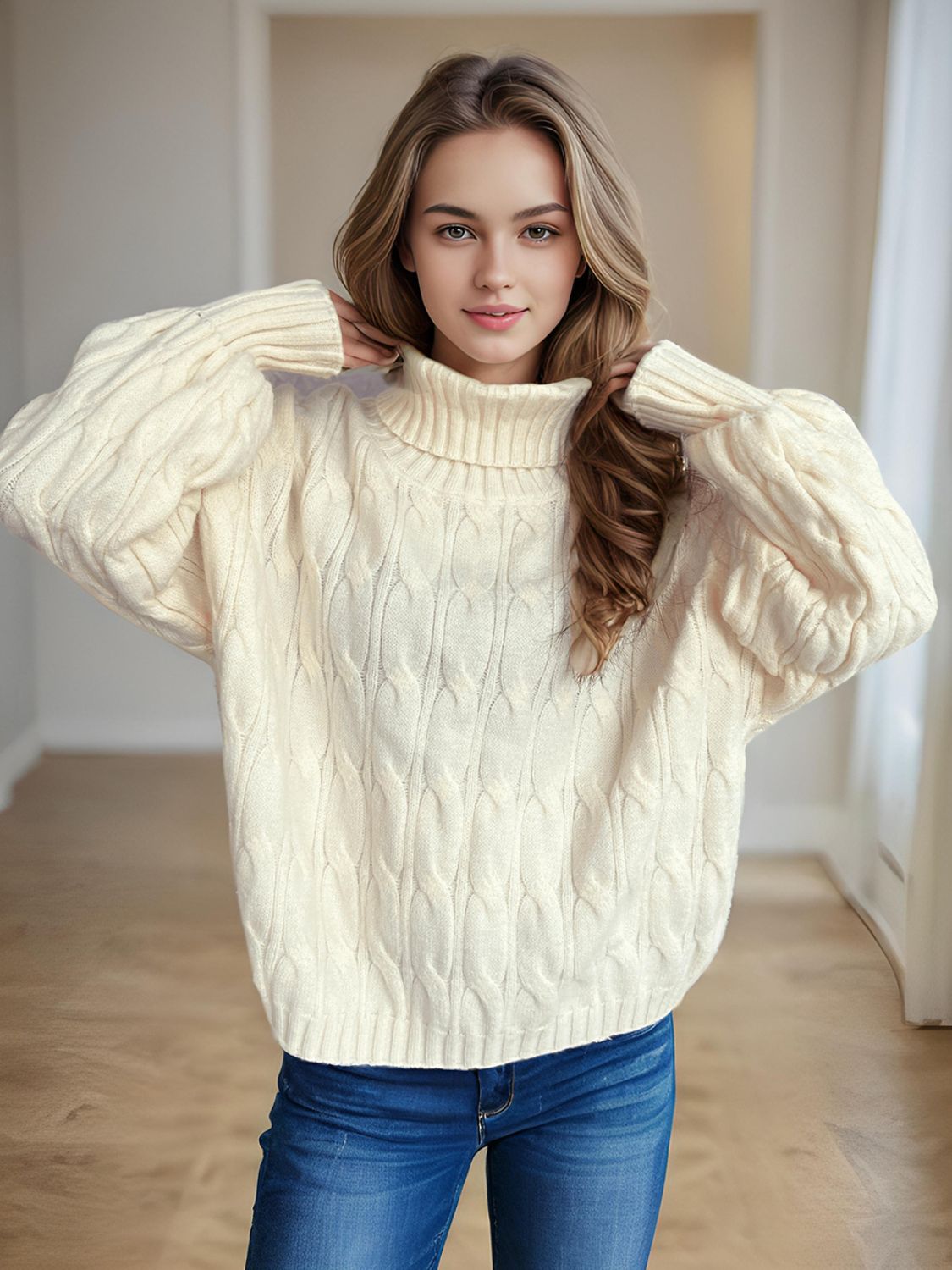 Cable-Knit Turtleneck Long Sleeve Sweater-TOPS / DRESSES-[Adult]-[Female]-Ivory-One Size-2022 Online Blue Zone Planet