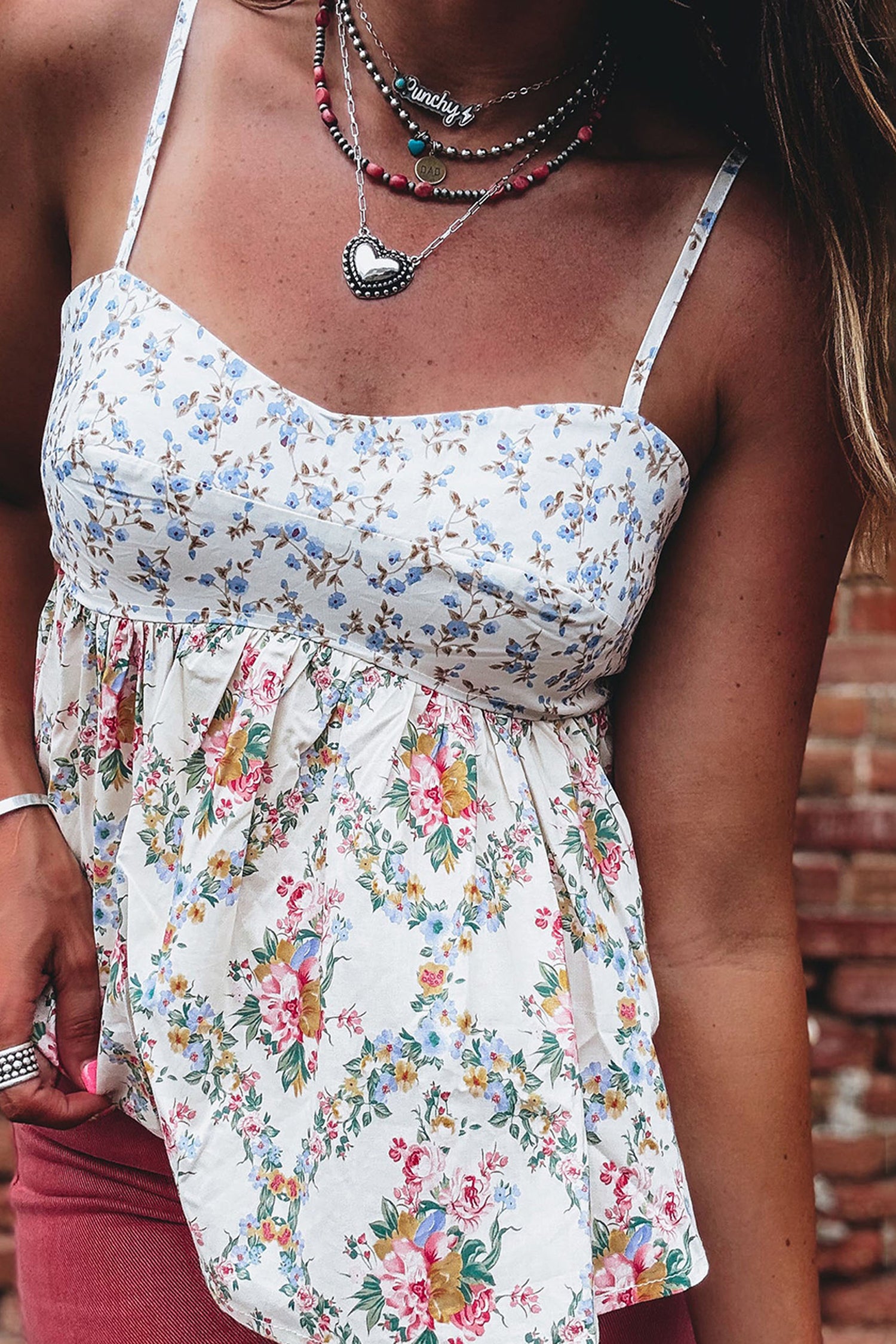 White Contrast Floral Printed Patchwork Spaghetti Straps Babydoll Top-Tops/Tank Tops-[Adult]-[Female]-2022 Online Blue Zone Planet