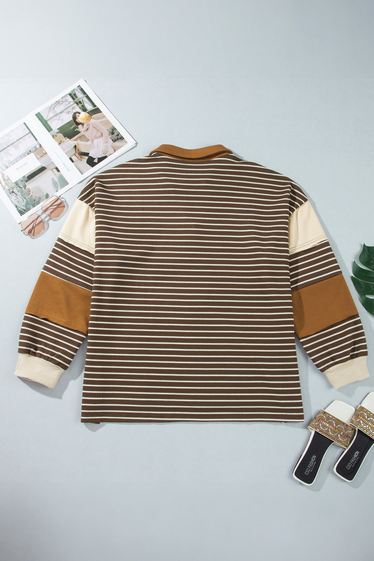 Brown Stripe Colorblock Detail Collar V Neck Plus Size Long Sleeve Top-Plus Size/Plus Size Tops/Plus Size Long Sleeve Tops-[Adult]-[Female]-2022 Online Blue Zone Planet