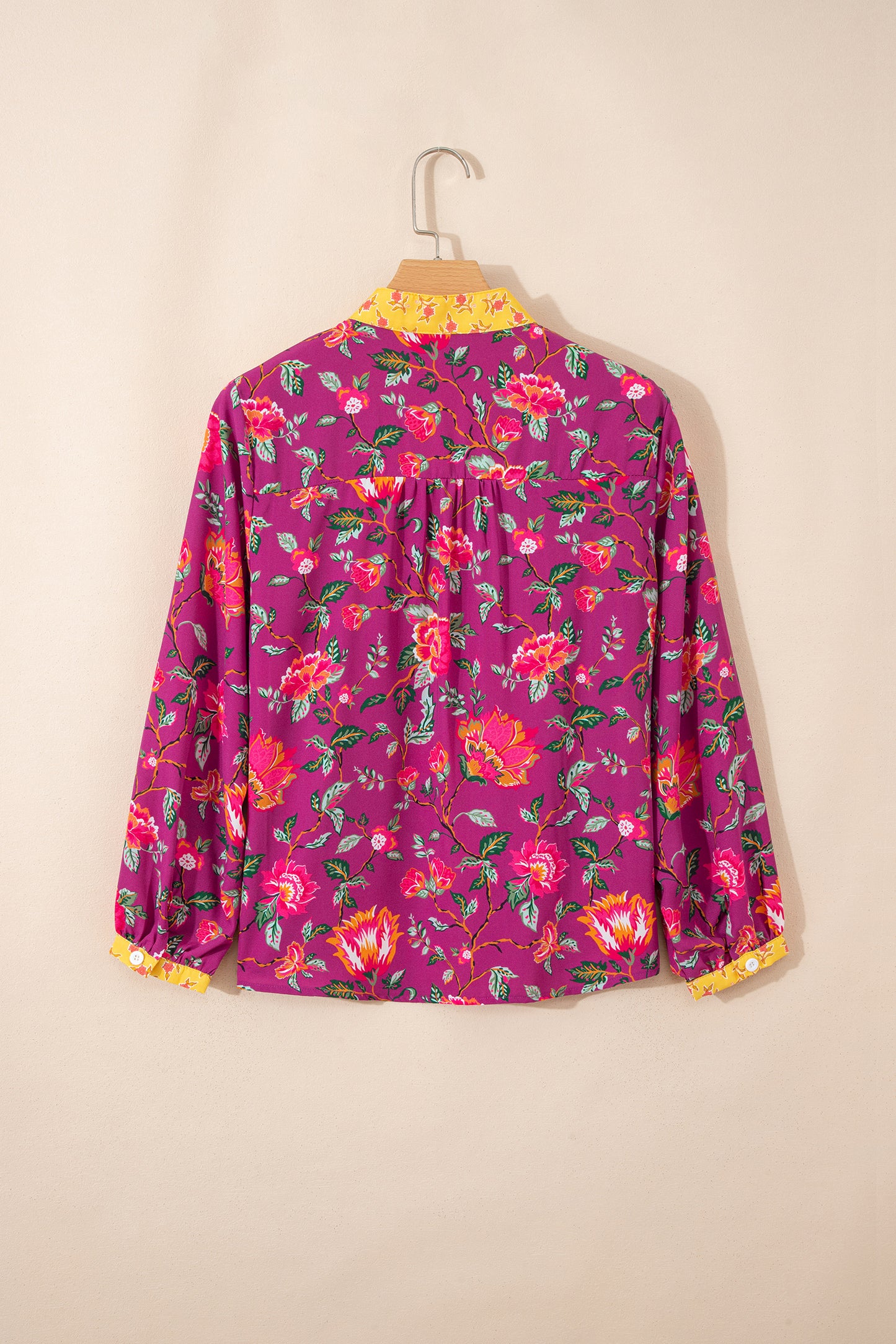 Rose Contrast Placket Split V Neck Floral Blouse-Tops/Blouses & Shirts-[Adult]-[Female]-2022 Online Blue Zone Planet