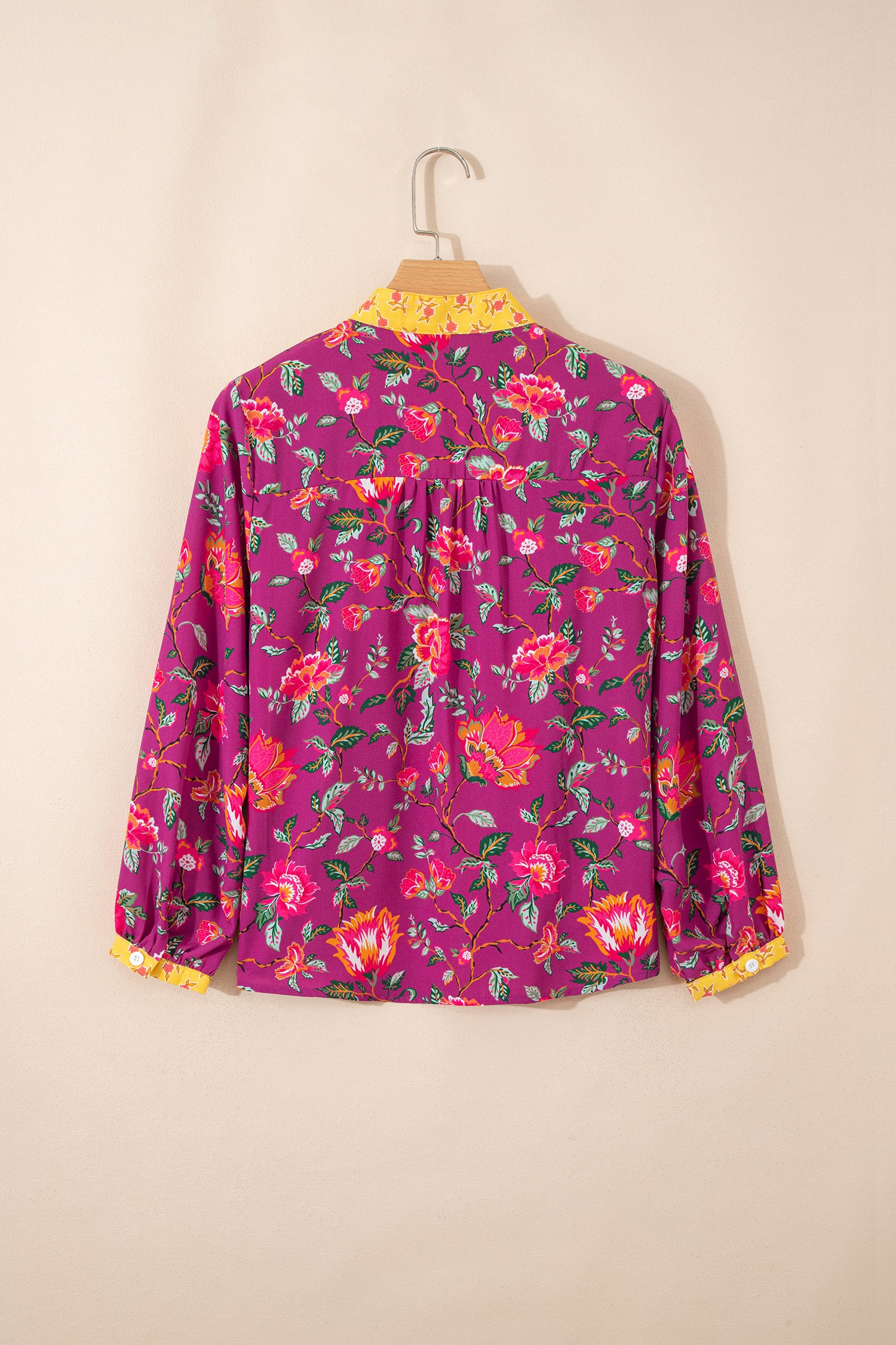 Rose Contrast Placket Split V Neck Floral Blouse-Tops/Blouses & Shirts-[Adult]-[Female]-2022 Online Blue Zone Planet
