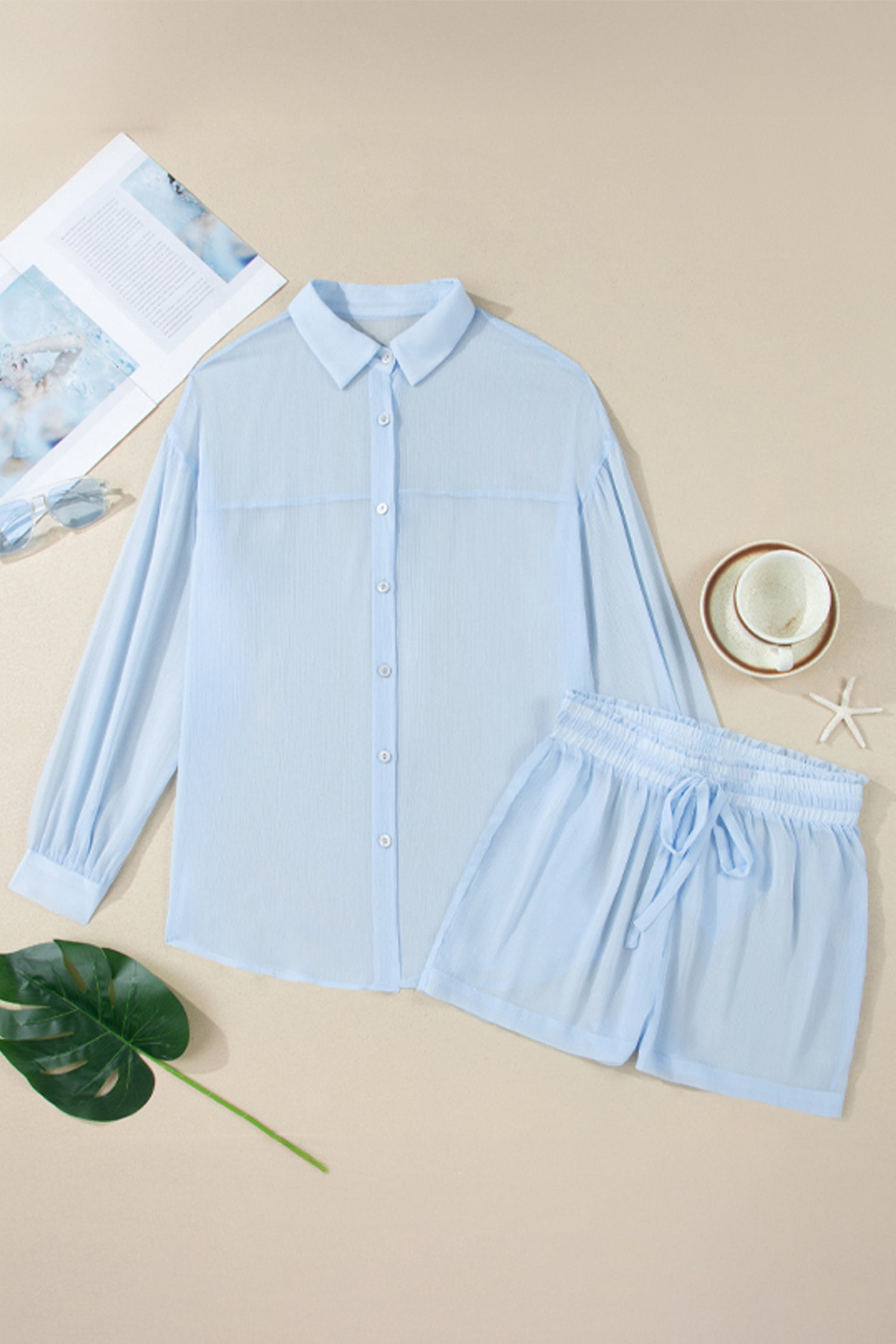 Beau Blue Sheer Tunic Shirt Drawstring Shorts 2pcs Swim Cover Up-Swimwear/Beach Cover-ups-[Adult]-[Female]-2022 Online Blue Zone Planet