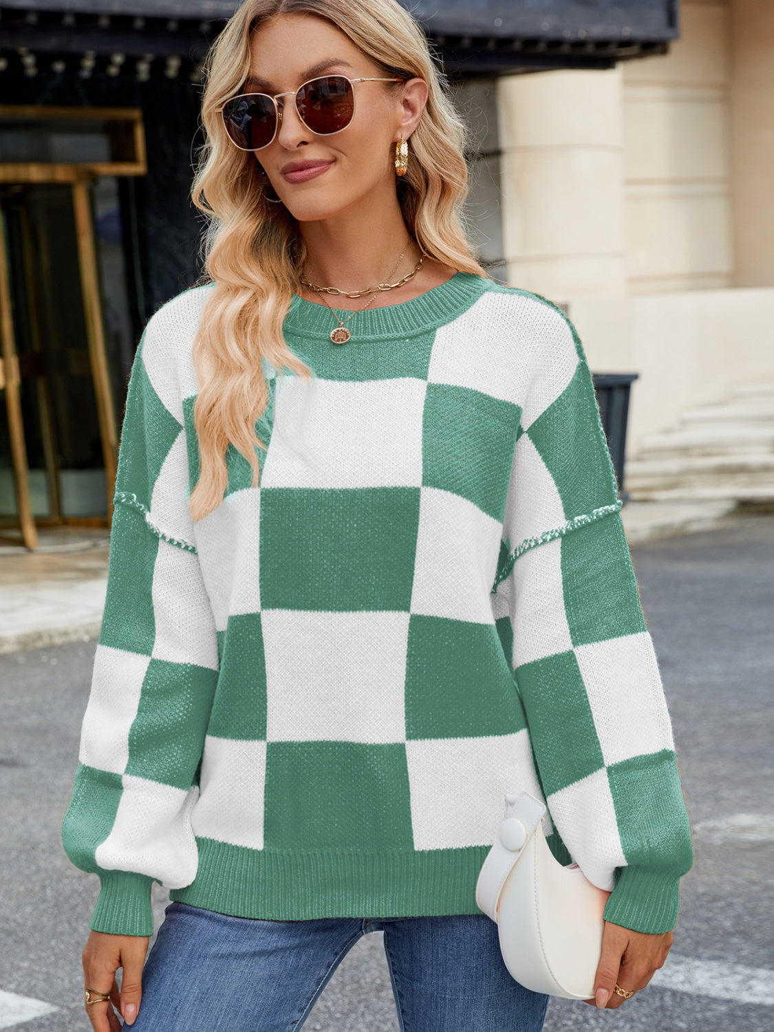 Checkered Round Neck Long Sleeve Sweater-TOPS / DRESSES-[Adult]-[Female]-2022 Online Blue Zone Planet