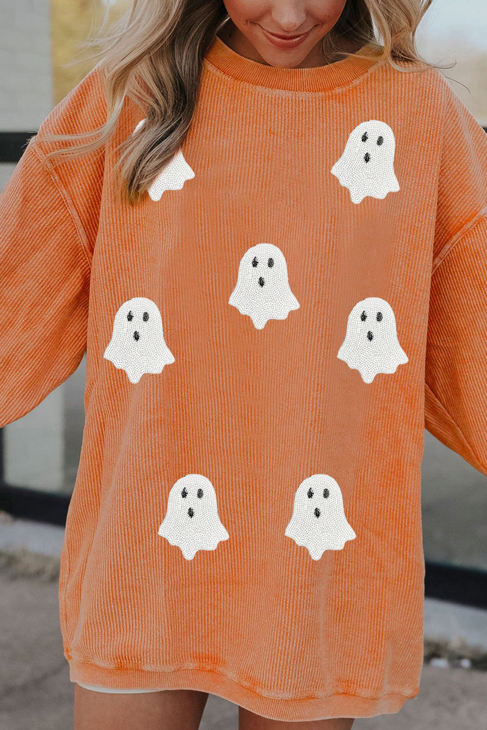 Orange Twisted Ribbed Texture Halloween Ghost Sequin Patched Sweatshirt-Graphic/Graphic Sweatshirts-[Adult]-[Female]-2022 Online Blue Zone Planet