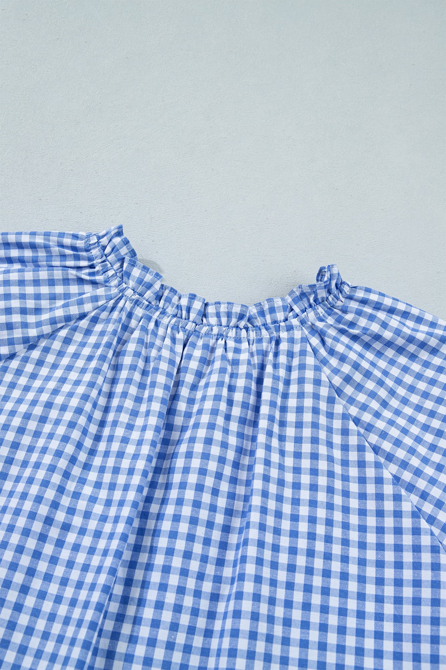 Sky Blue Summer Plaid V Neck Puff Sleeve Blouse-Tops/Blouses & Shirts-[Adult]-[Female]-2022 Online Blue Zone Planet