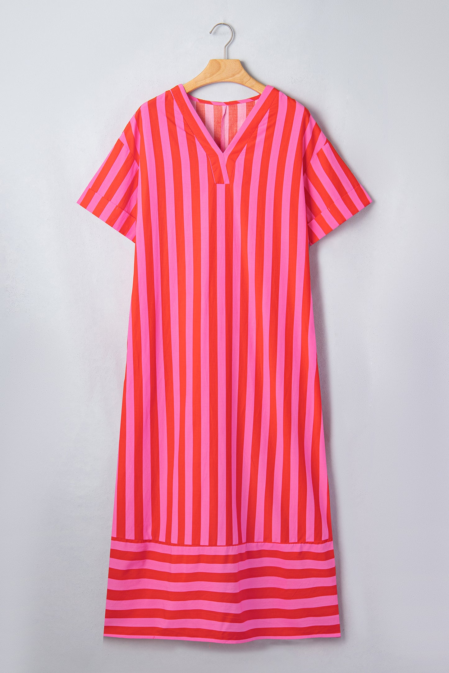 Red Stripe V Neck Cuffed Sleeve Relaxed Split Midi Dress-Dresses/Midi Dresses-[Adult]-[Female]-2022 Online Blue Zone Planet