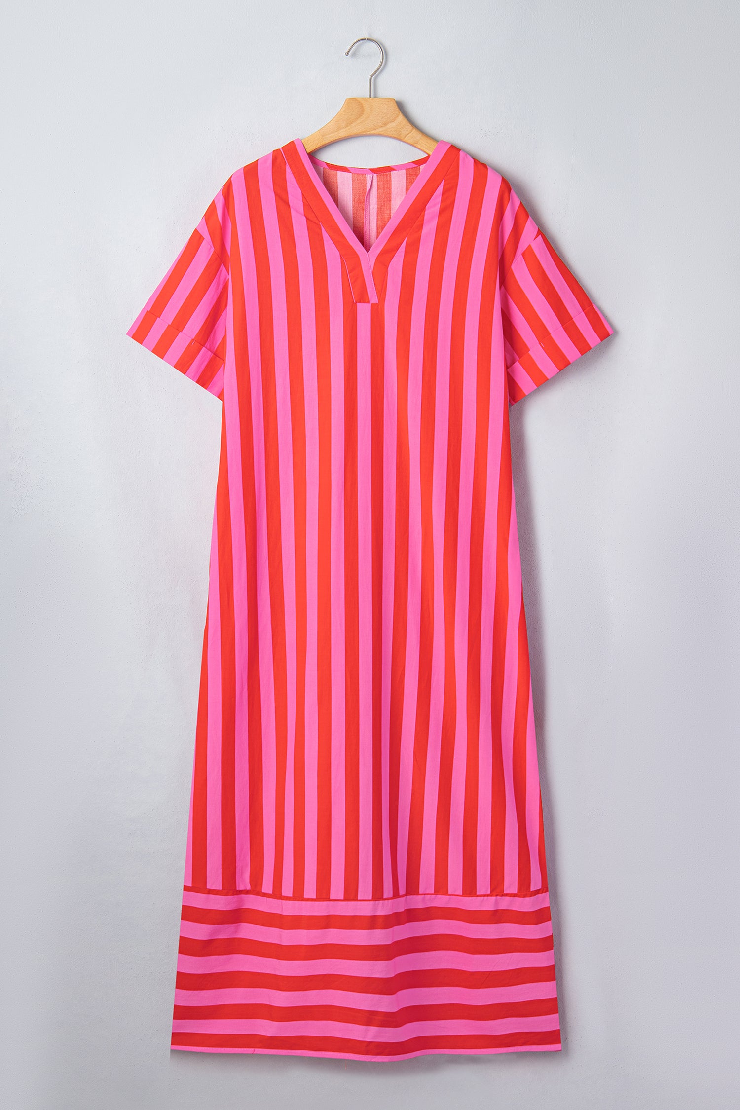 Red Stripe V Neck Cuffed Sleeve Relaxed Split Midi Dress-Dresses/Midi Dresses-[Adult]-[Female]-2022 Online Blue Zone Planet