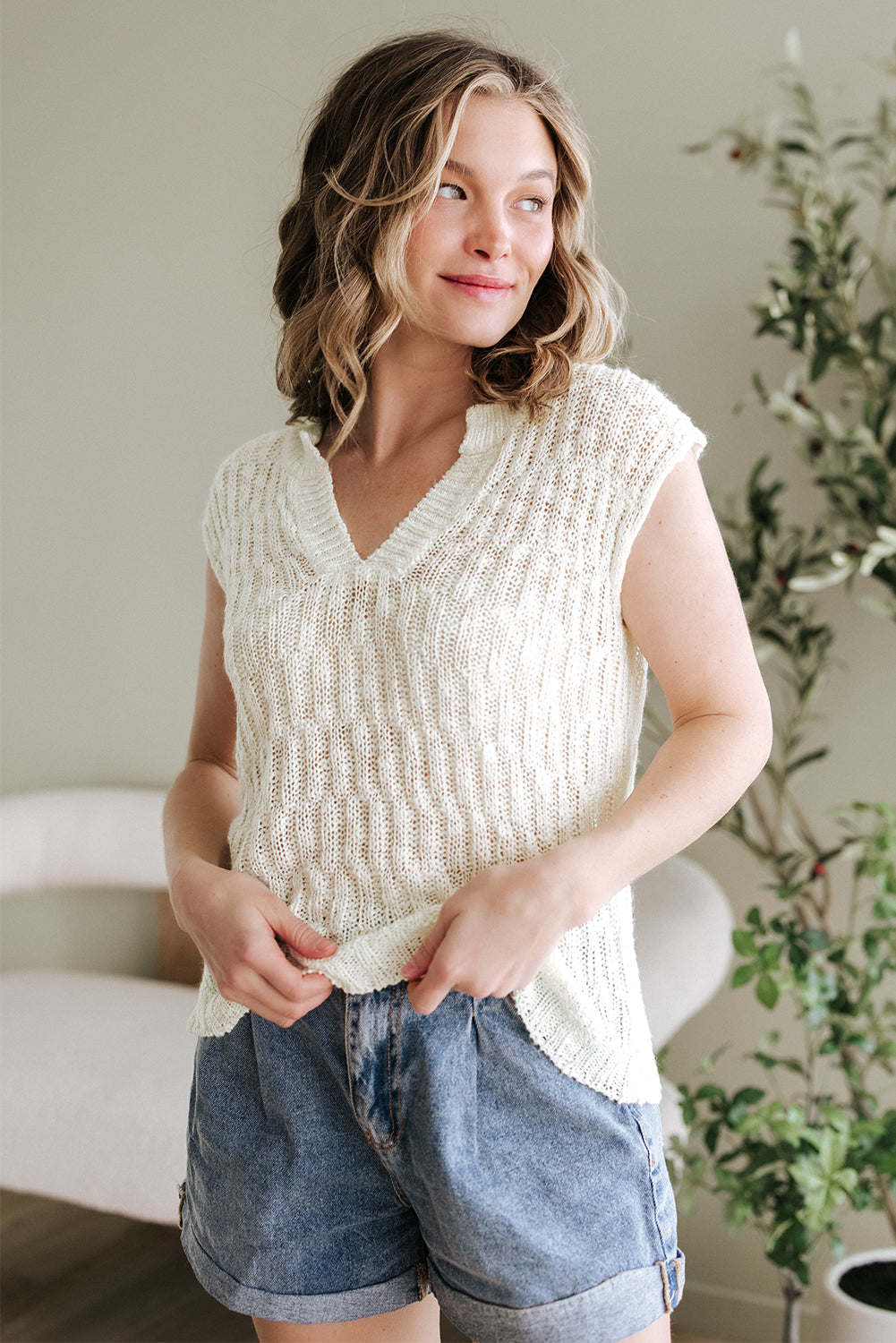 Beige Notched V Neck Short Sleeve Sweater-TOPS / DRESSES-[Adult]-[Female]-2022 Online Blue Zone Planet